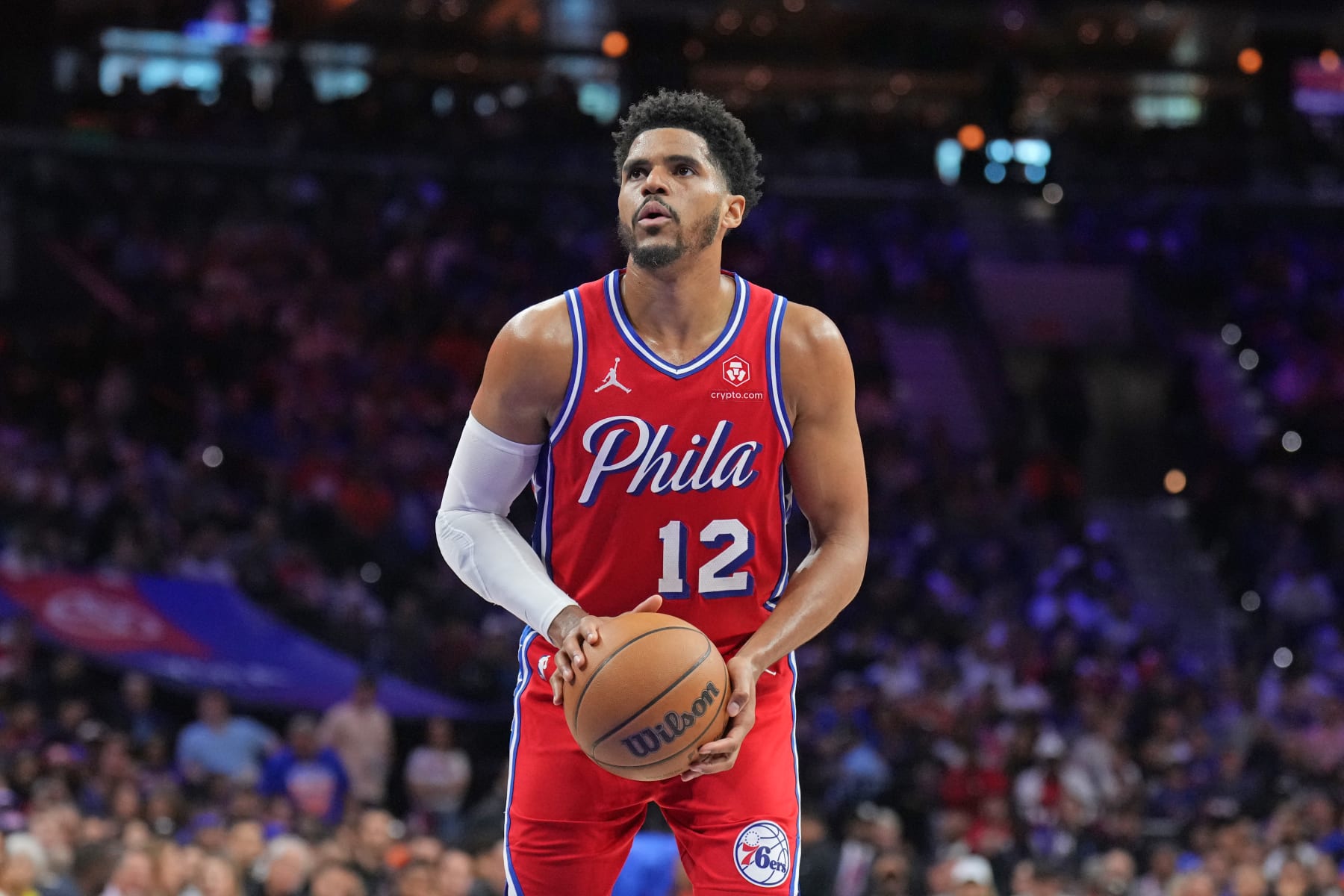 PHILADELPHIA, PA - APRIL 28: Tobias Harris #12 of the Philadelphia 76ers shoots a free throw during the game against the New York Knicks during Round 1 Game 4 of the 2024 NBA Playoffs on April 28, 2024 at the Wells Fargo Center in Philadelphia, Pennsylvania NOTE TO USER: User expressly acknowledges and agrees that, by downloading and/or using this Photograph, user is consenting to the terms and conditions of the Getty Images License Agreement. Mandatory Copyright Notice: Copyright 2024 NBAE (Photo by Jesse D. Garrabrant/NBAE via Getty Images)