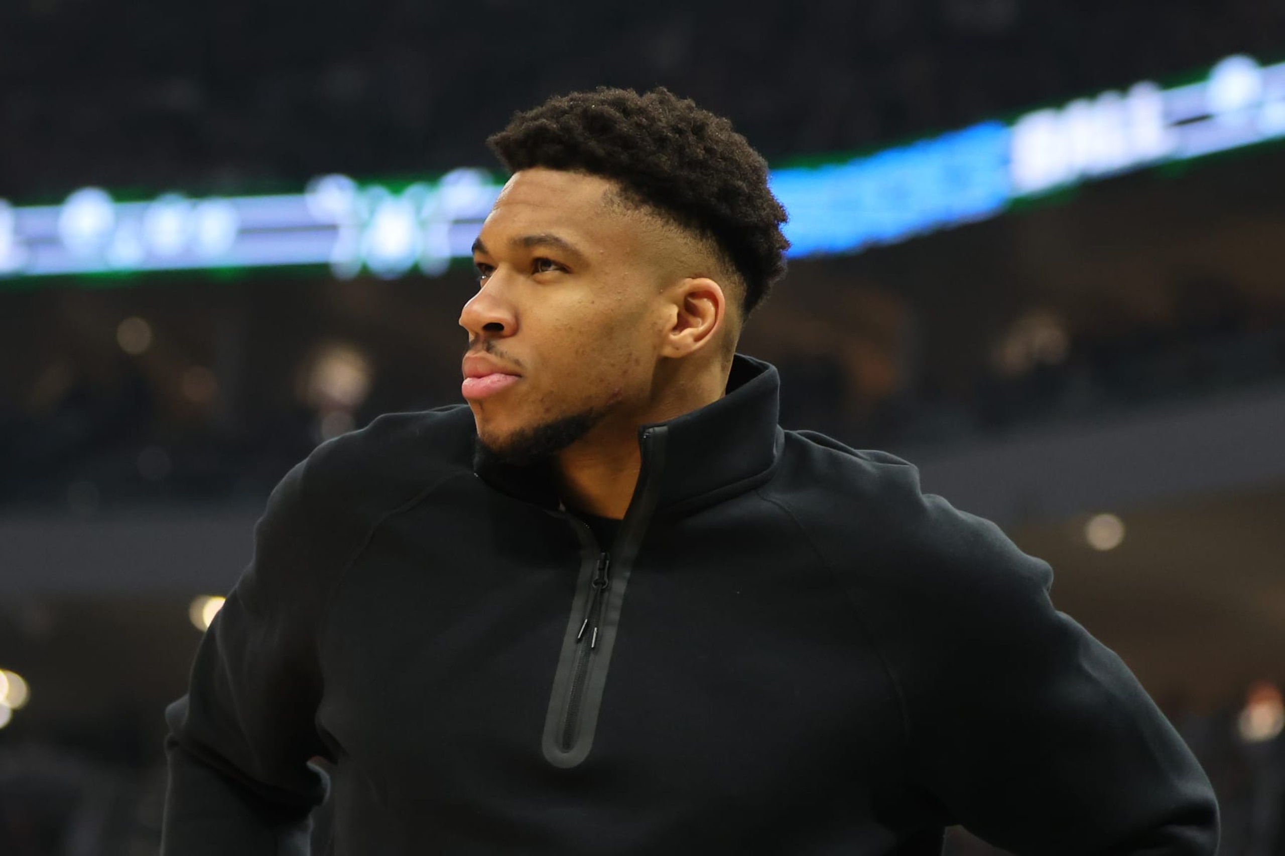 MILWAUKEE, WISCONSIN - APRIL 30:  Giannis Antetokounmpo #34 of the Milwaukee Bucks watches action during the first half of game five of the Eastern Conference First Round Playoffs against the Indiana Pacers at Fiserv Forum on April 30, 2024 in Milwaukee, Wisconsin.  NOTE TO USER: User expressly acknowledges and agrees that, by downloading and or using this photograph, User is consenting to the terms and conditions of the Getty Images License Agreement. (Photo by Stacy Revere/Getty Images)