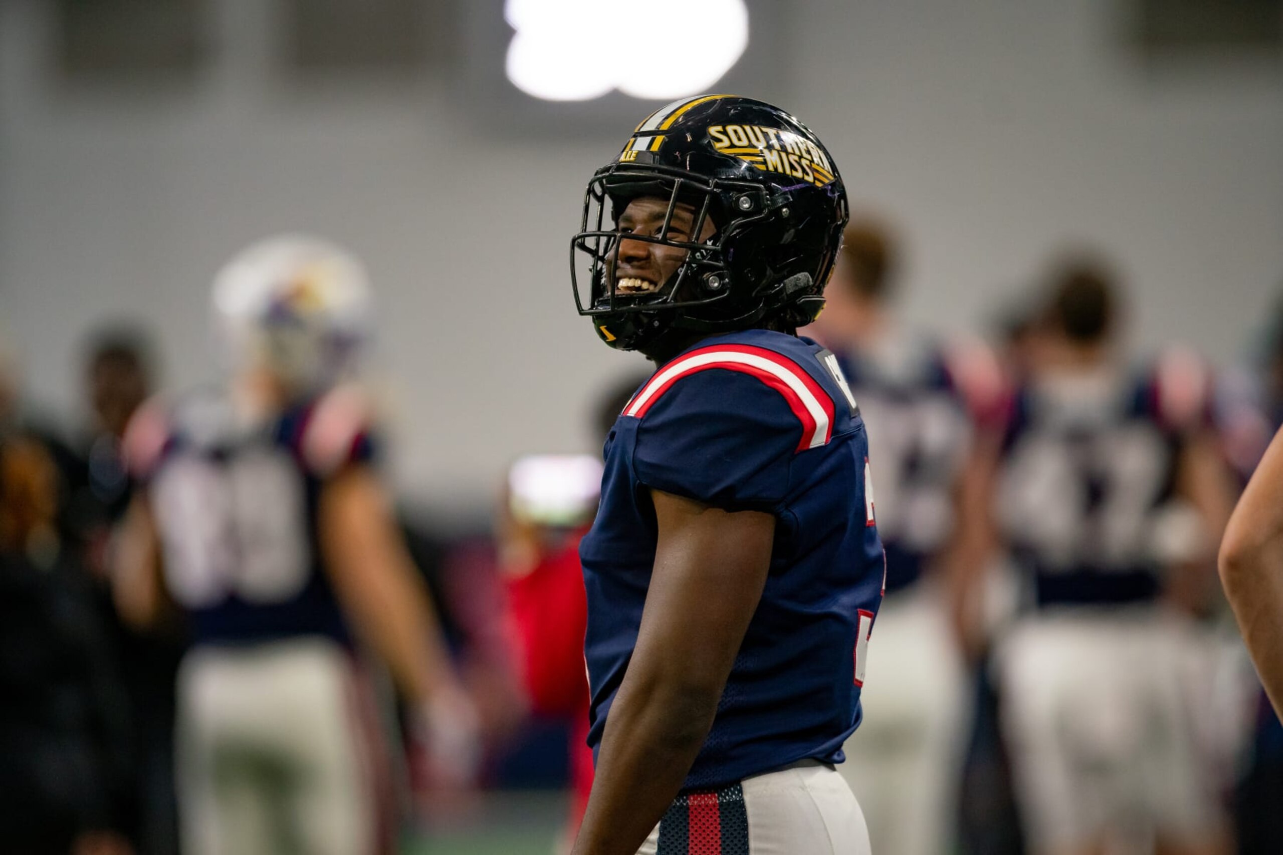 FRISCO, TX - FEBRUARY 01: West Team running back Frank Gore Jr. (3) smiles from the sideline during the East-West Shrine Bowl game on February 1, 2024 at the Ford Center at the star in Frisco, TX. (Photo by Chris Leduc/Icon Sportswire via Getty Images) FRISCO, TX - FEBRUARY 01: West Team running back Frank Gore Jr. (3) smiles from the sideline during the East-West Shrine Bowl game on February 1, 2024 at the Ford Center at the star in Frisco, TX. (Photo by Chris Leduc/Icon Sportswire via Getty Images)