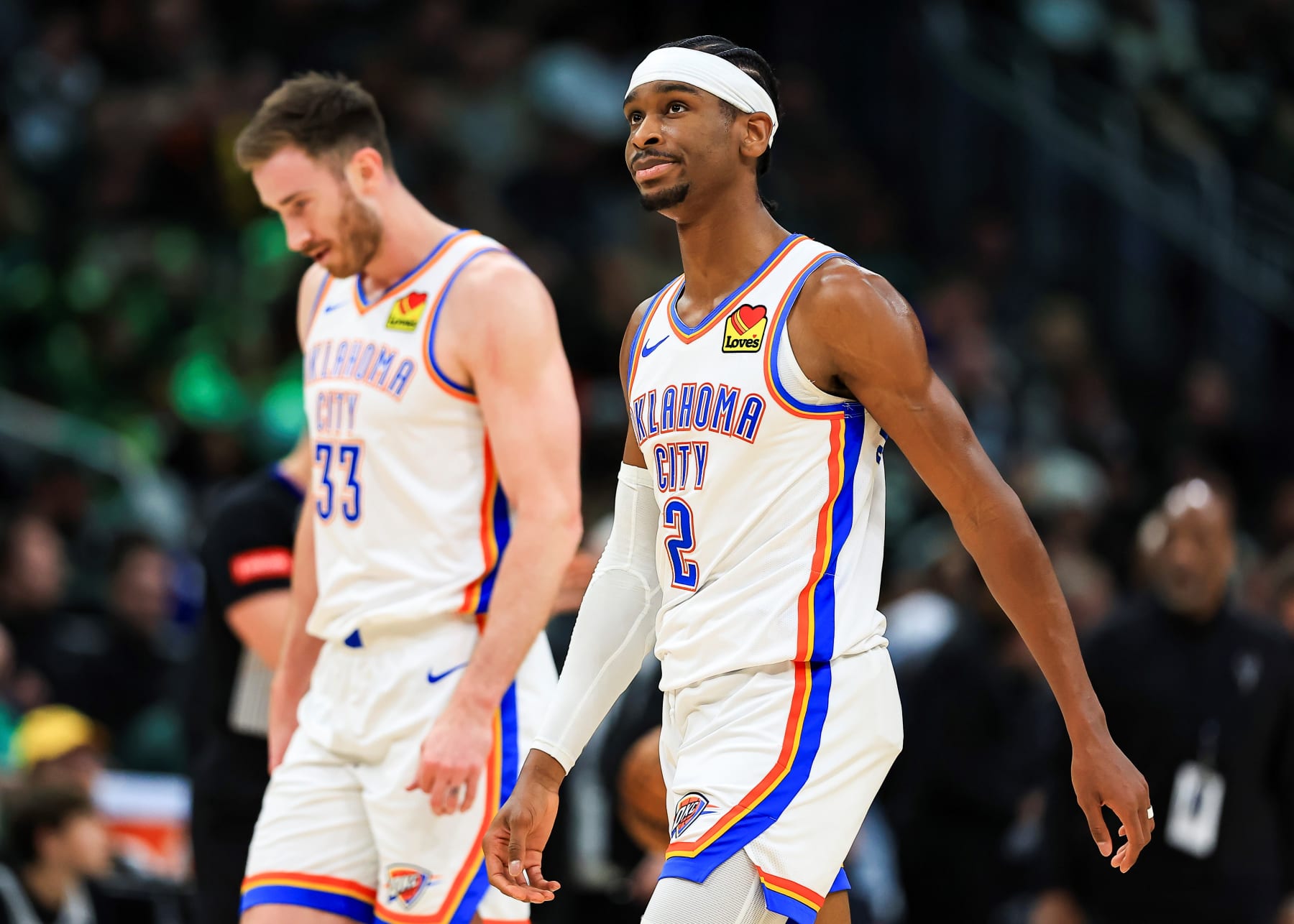 Oklahoma City Thunder's Gordon Hayward L and Shai Gilgeous-Alexander react during NBA regular season game between Oklahoma City Thunder and Milwaukee Bucks in Milwaukee, the United States, on March 24, 2024. (Photo by Joel Lerner/Xinhua via Getty Images)