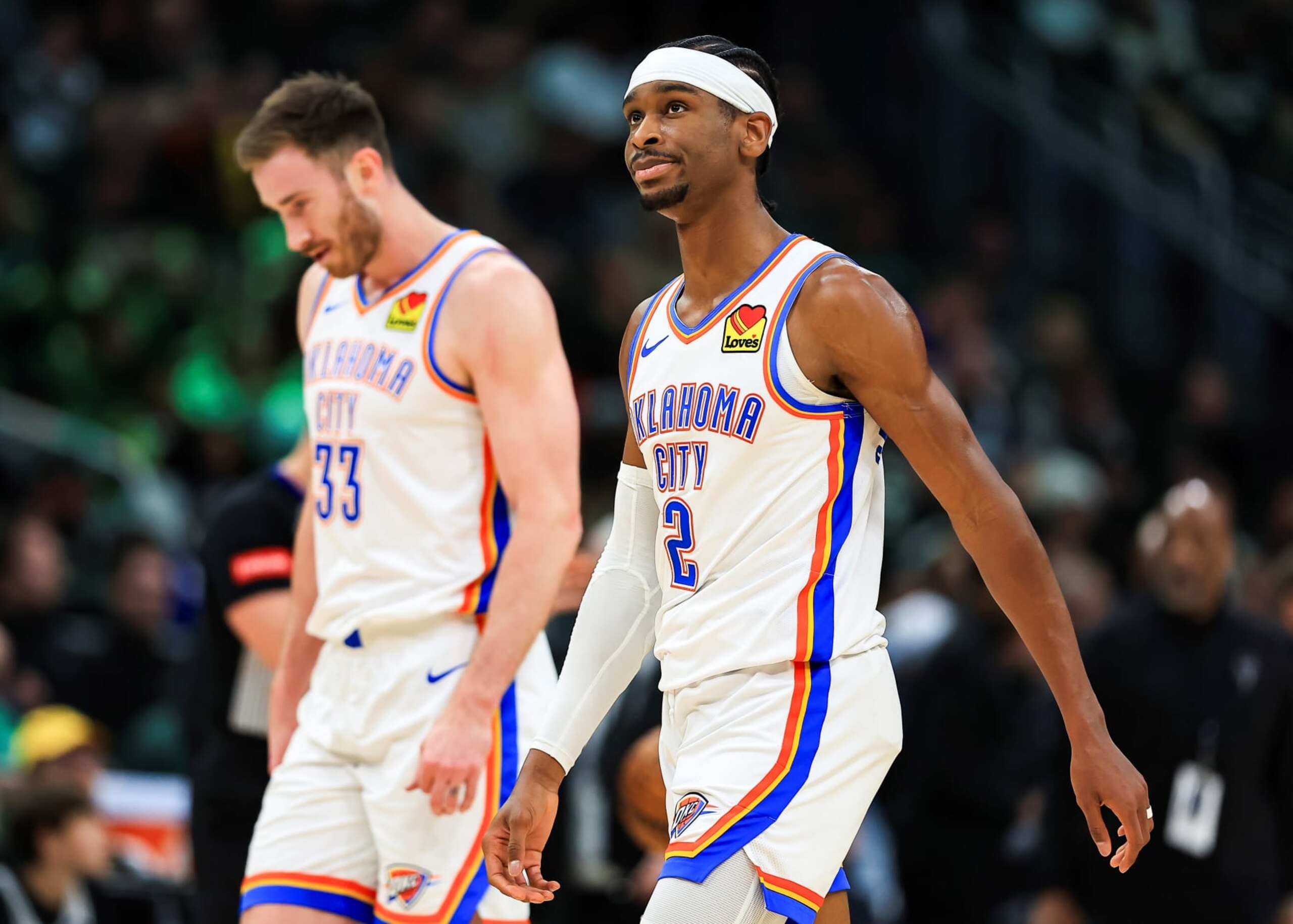 Oklahoma City Thunder's Gordon Hayward L and Shai Gilgeous-Alexander react during NBA regular season game between Oklahoma City Thunder and Milwaukee Bucks in Milwaukee, the United States, on March 24, 2024. (Photo by Joel Lerner/Xinhua via Getty Images)