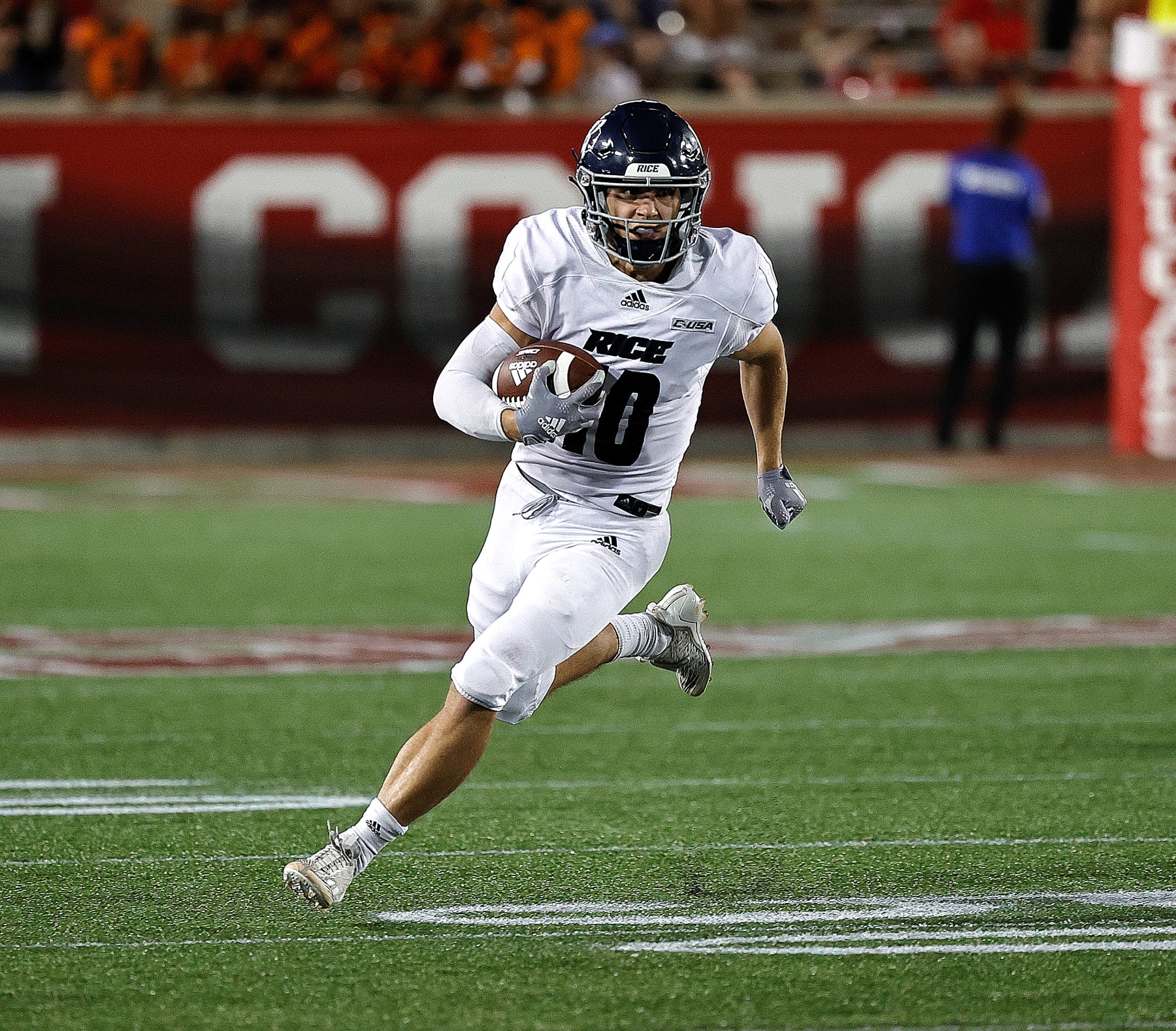 HOUSTON, TEXAS - SEPTEMBER 24: Rice Owls wide receiver Luke McCaffrey #10 runs after a catch against the Houston Cougars at TDECU Stadium on September 24, 2022 in Houston, Texas. (Photo by Bob Levey/Getty Images)
