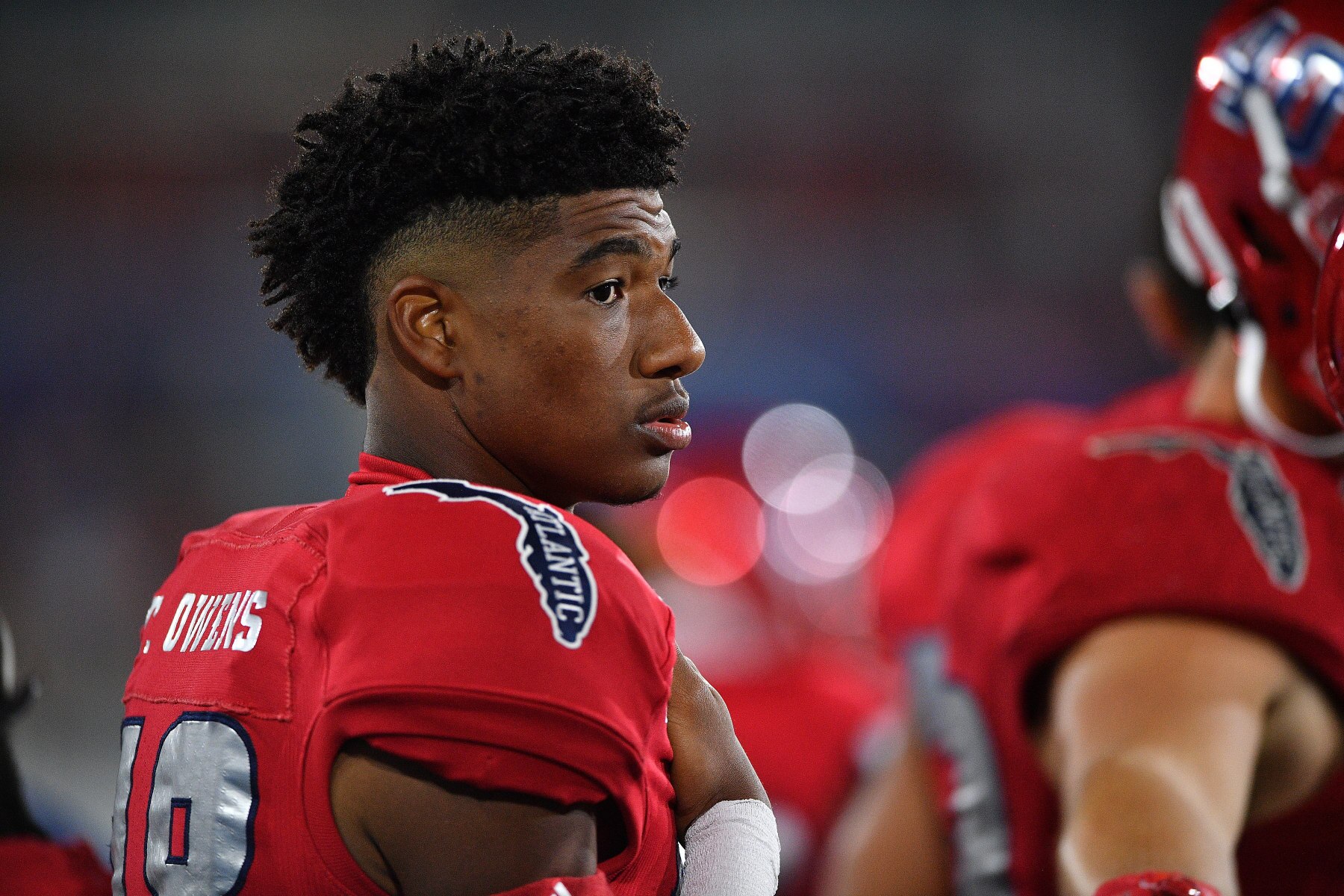 BOCA RATON, FLORIDA - NOVEMBER 09: Terique Owens #18 of the Florida Atlantic Owls looks on during the game against the FIU Golden Panthers in the second half at FAU Stadium on November 09, 2019 in Boca Raton, Florida. (Photo by Mark Brown/Getty Images)