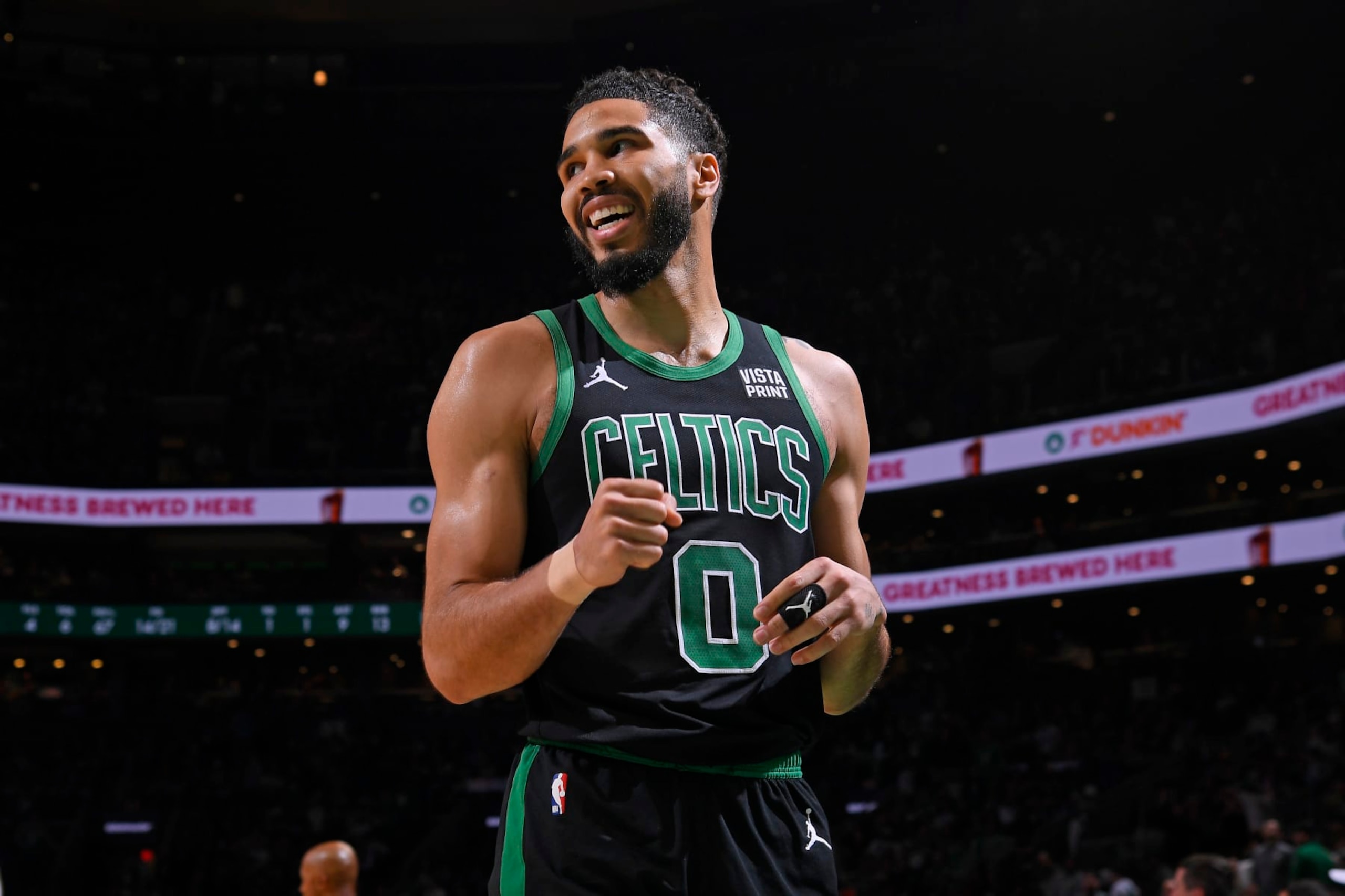 BOSTON, MA - MAY 1: Jayson Tatum #0 of the Boston Celtics looks on during the game against the Miami Heat during Round 1 Game 5 of the 2024 NBA Playoffs on May 1, 2024 at the TD Garden in Boston, Massachusetts. NOTE TO USER: User expressly acknowledges and agrees that, by downloading and or using this photograph, User is consenting to the terms and conditions of the Getty Images License Agreement. Mandatory Copyright Notice: Copyright 2024 NBAE (Photo by Brian Babineau/NBAE via Getty Images) BOSTON, MA - MAY 1: Jayson Tatum #0 of the Boston Celtics looks on during the game against the Miami Heat during Round 1 Game 5 of the 2024 NBA Playoffs on May 1, 2024 at the TD Garden in Boston, Massachusetts. NOTE TO USER: User expressly acknowledges and agrees that, by downloading and or using this photograph, User is consenting to the terms and conditions of the Getty Images License Agreement. Mandatory Copyright Notice: Copyright 2024 NBAE (Photo by Brian Babineau/NBAE via Getty Images)