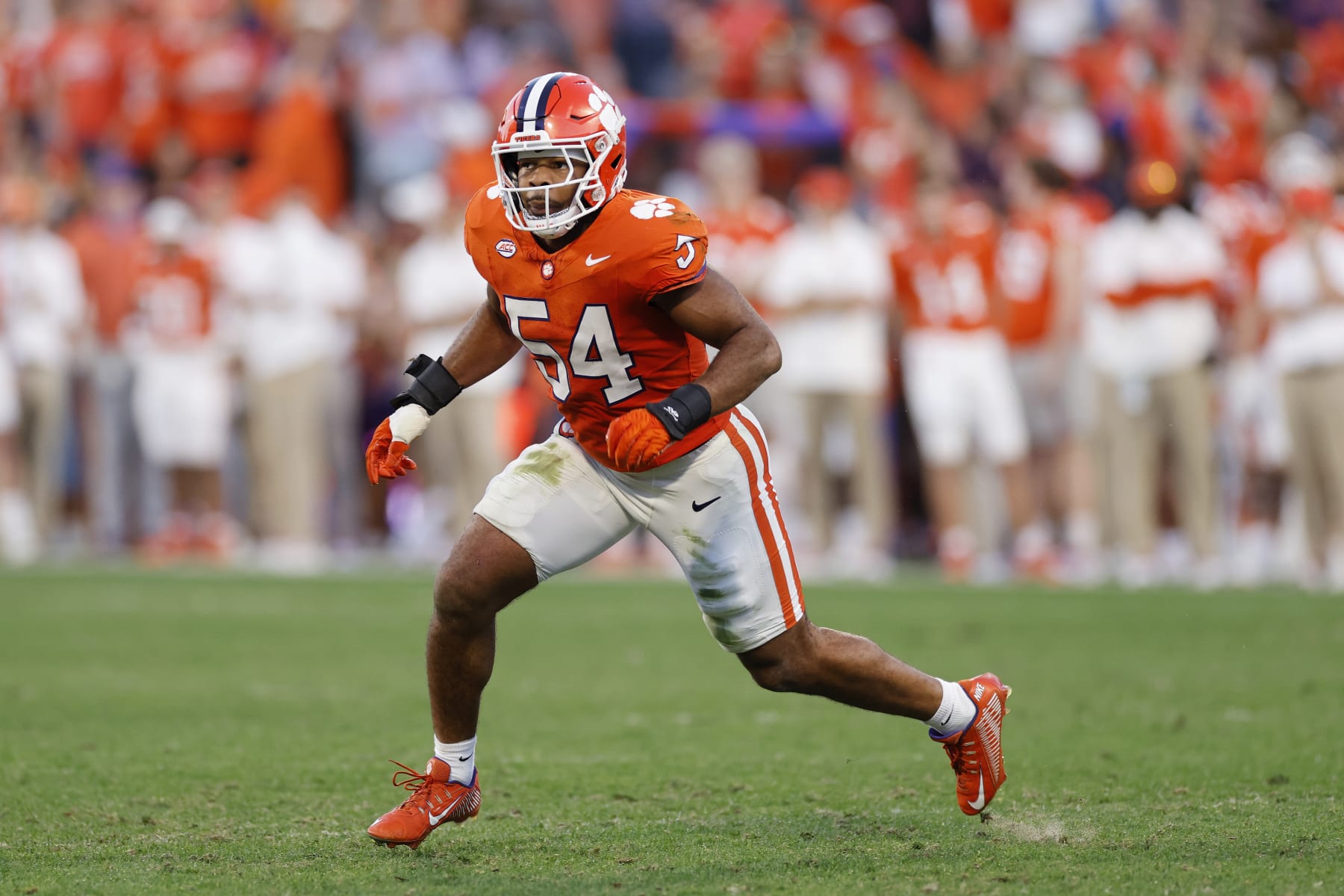 CLEMSON, SC - NOVEMBER 18: Clemson Tigers linebacker Jeremiah Trotter Jr. (54) pursues a play on defense during a college football game against the North Carolina Tar Heels on November 18, 2023 at Memorial Stadium in Clemson, South Carolina. (Photo by Joe Robbins/Icon Sportswire via Getty Images)