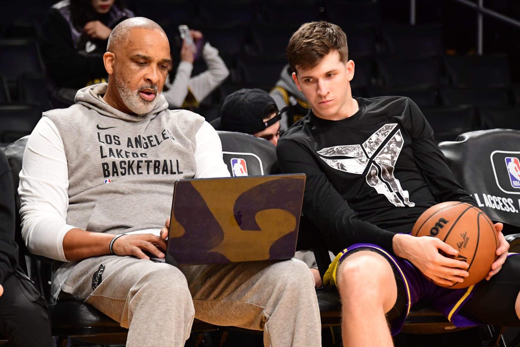 LOS ANGELES, CA - FEBRUARY 8: Austin Reaves #15 of the Los Angeles Lakers watches film before the game against the Denver Nuggets on February 8, 2024 at Crypto.Com Arena in Los Angeles, California. NOTE TO USER: User expressly acknowledges and agrees that, by downloading and/or using this Photograph, user is consenting to the terms and conditions of the Getty Images License Agreement. Mandatory Copyright Notice: Copyright 2024 NBAE (Photo by Adam Pantozzi/NBAE via Getty Images)