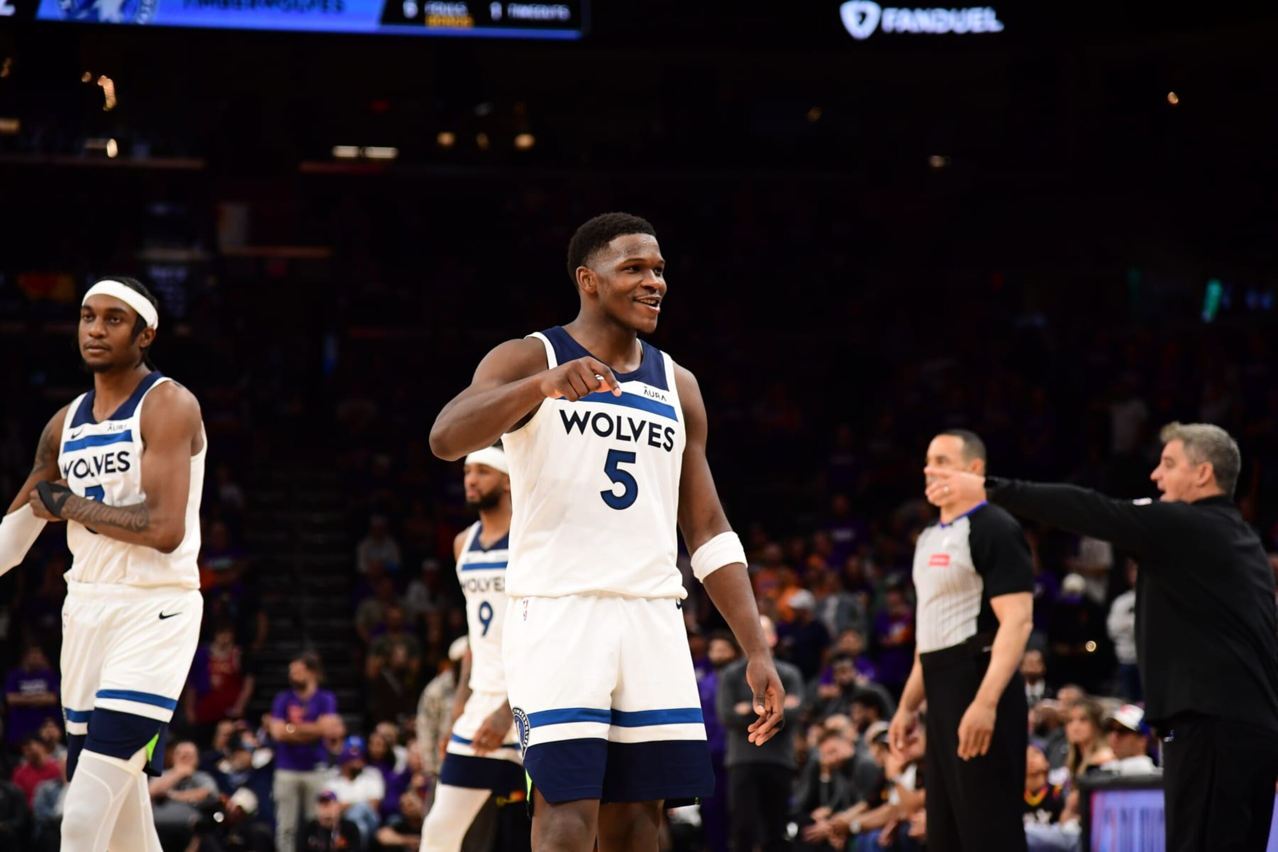 PHOENIX, AZ - APRIL 28: Anthony Edwards #5 of the Minnesota Timberwolves celebrates during the game against the Phoenix Suns during Round 1 Game 4 of the 2024 NBA Playoffs on April 28, 2024 at Footprint Center in Phoenix, Arizona. NOTE TO USER: User expressly acknowledges and agrees that, by downloading and or using this photograph, user is consenting to the terms and conditions of the Getty Images License Agreement. Mandatory Copyright Notice: Copyright 2024 NBAE (Photo by Kate Frese/NBAE via Getty Images) PHOENIX, AZ - APRIL 28: Anthony Edwards #5 of the Minnesota Timberwolves celebrates during the game against the Phoenix Suns during Round 1 Game 4 of the 2024 NBA Playoffs on April 28, 2024 at Footprint Center in Phoenix, Arizona. NOTE TO USER: User expressly acknowledges and agrees that, by downloading and or using this photograph, user is consenting to the terms and conditions of the Getty Images License Agreement. Mandatory Copyright Notice: Copyright 2024 NBAE (Photo by Kate Frese/NBAE via Getty Images)