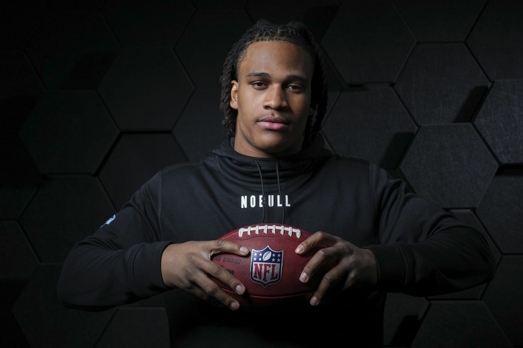 INDIANAPOLIS, INDIANA - MARCH 1: Linebacker Junior Colson of the Michigan Wolverines poses for portraits at the Indiana Convention Center on March 1, 2024 in Indianapolis, Indiana. (Photo by Todd Rosenberg/Getty Images)