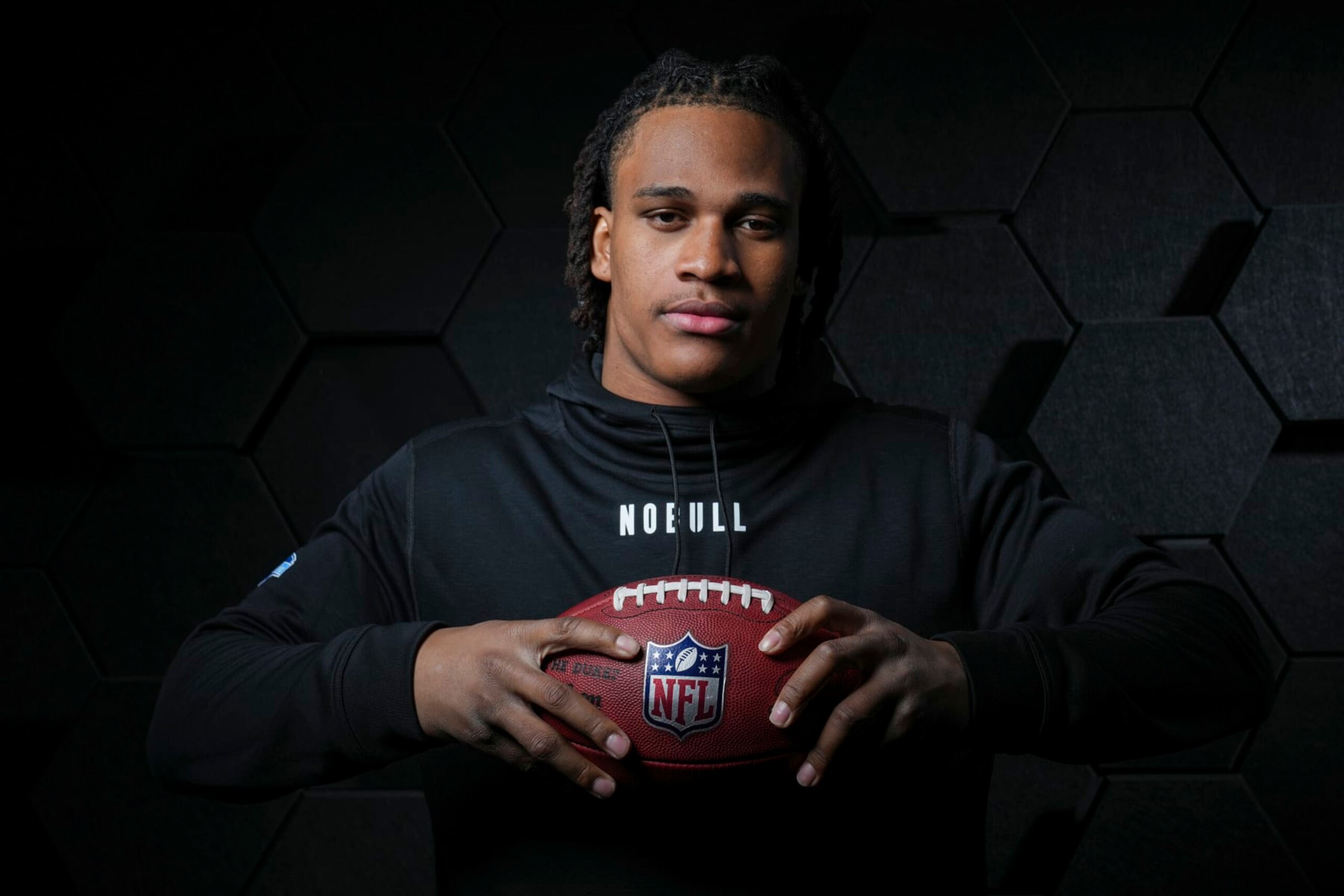 INDIANAPOLIS, INDIANA - MARCH 1: Linebacker Junior Colson of the Michigan Wolverines poses for portraits at the Indiana Convention Center on March 1, 2024 in Indianapolis, Indiana. (Photo by Todd Rosenberg/Getty Images)