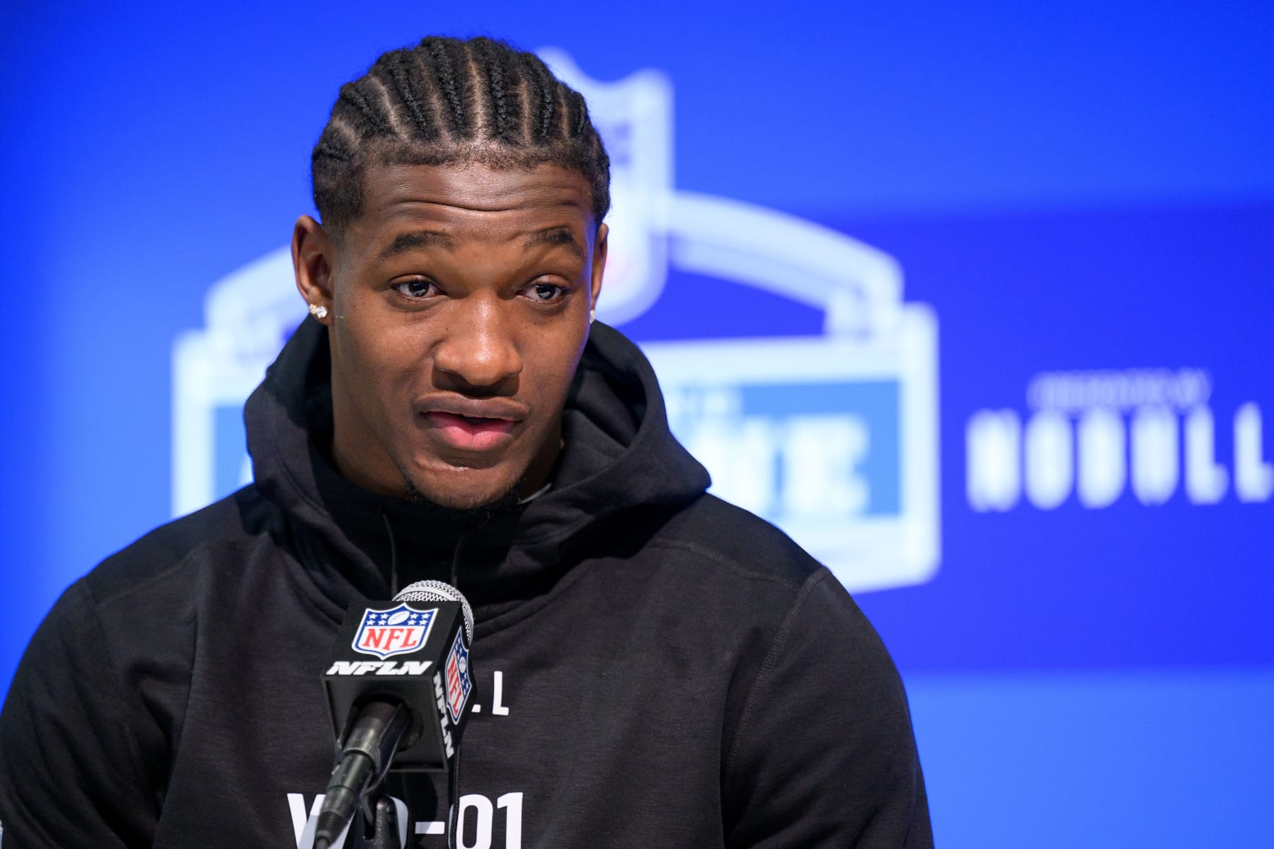 INDIANAPOLIS, IN - MARCH 01: UCF wide receiver Javon Baker answers questions from the media during the NFL Scouting Combine on March 1, 2024, at the Indiana Convention Center in Indianapolis, IN. (Photo by Zach Bolinger/Icon Sportswire via Getty Images)