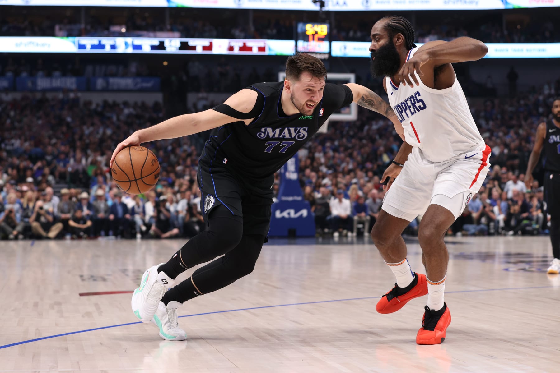 DALLAS, TX - MAY 3: Luka Doncic #77 of the Dallas Mavericks dribbles the ball during the game against the LA Clippers during Round 1 Game 6 of the 2024 NBA Playoffs on May 3, 2024 at the American Airlines Center in Dallas, Texas. NOTE TO USER: User expressly acknowledges and agrees that, by downloading and or using this photograph, User is consenting to the terms and conditions of the Getty Images License Agreement. Mandatory Copyright Notice: Copyright 2024 NBAE (Photo by Joe Murphy/NBAE via Getty Images)