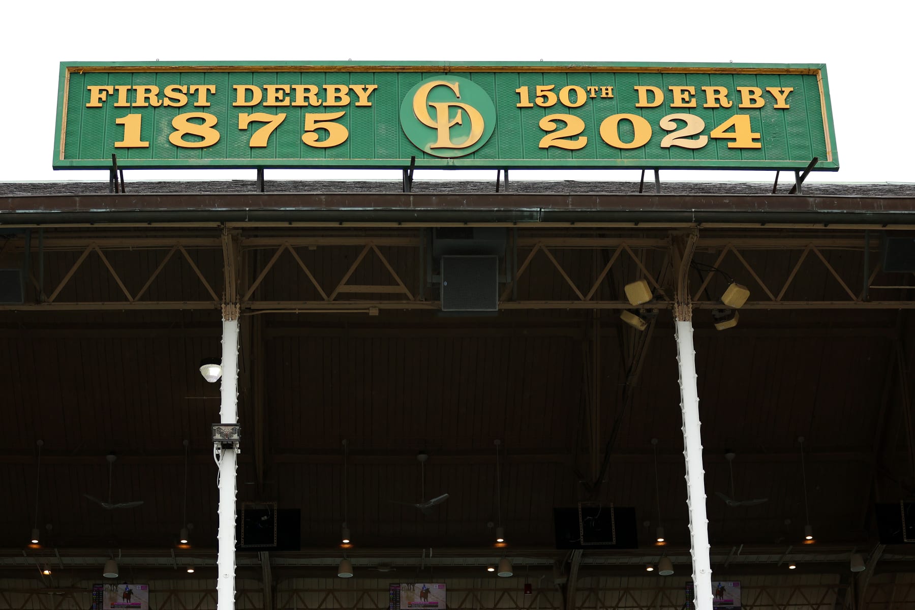 LOUISVILLE, KENTUCKY - MAY 03: A detail of 150th Kentucky Derby signage at Churchill Downs on May 03, 2024 in Louisville, Kentucky.  (Photo by Michael Reaves/Getty Images)