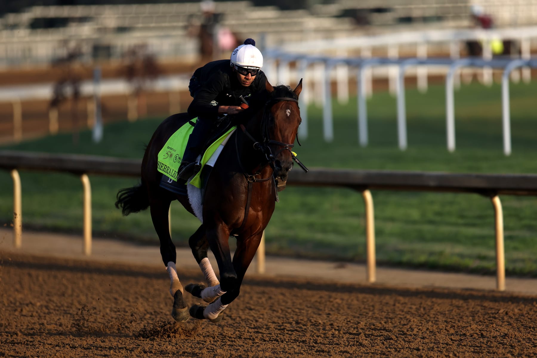LOUISVILLE, KENTUCKY - MAY 02: Sierra Leone trains on the track during morning workouts ahead of the 150th running of the Kentucky Derby at Churchill Downs on May 02, 2024 in Louisville, Kentucky.  (Photo by Rob Carr/Getty Images)