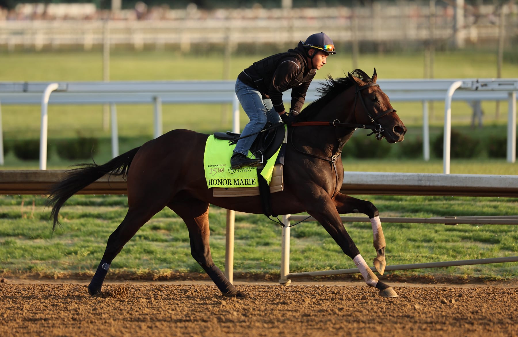 LOUISVILLE, KENTUCKY - MAY 01: Honor Marie runs on the track during the morning training for the Kentucky Derby at Churchill Downs on May 01, 2024 in Louisville, Kentucky.  (Photo by Andy Lyons/Getty Images)