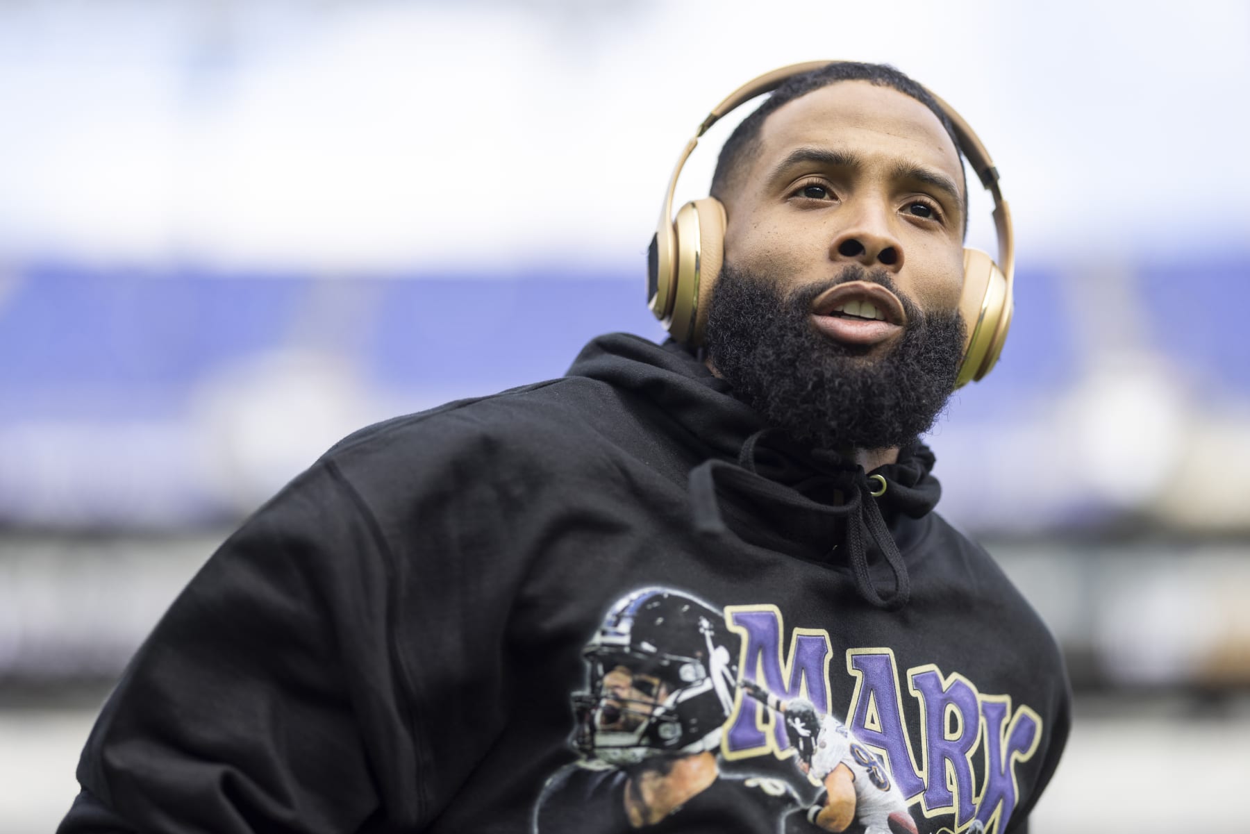 BALTIMORE, MARYLAND - DECEMBER 31: Odell Beckham Jr. #3 of the Baltimore Ravens looks on prior to an NFL football game between the Baltimore Ravens and the Miami Dolphins at M&T Bank Stadium on December 31, 2023 in Baltimore, Maryland. (Photo by Michael Owens/Getty Images)
