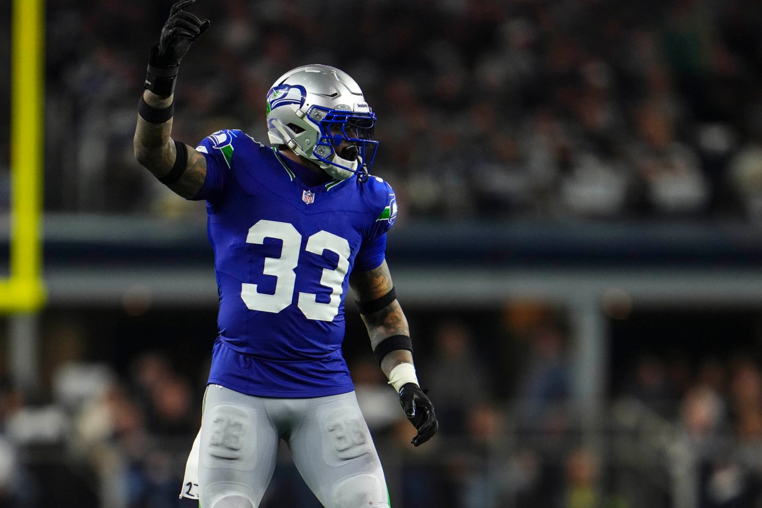 ARLINGTON, TX - NOVEMBER 30: Jamal Adams #33 of the Seattle Seahawks lines up during an NFL football game against the Dallas Cowboys at AT&T Stadium on November 30, 2023 in Arlington, Texas. (Photo by Cooper Neill/Getty Images)