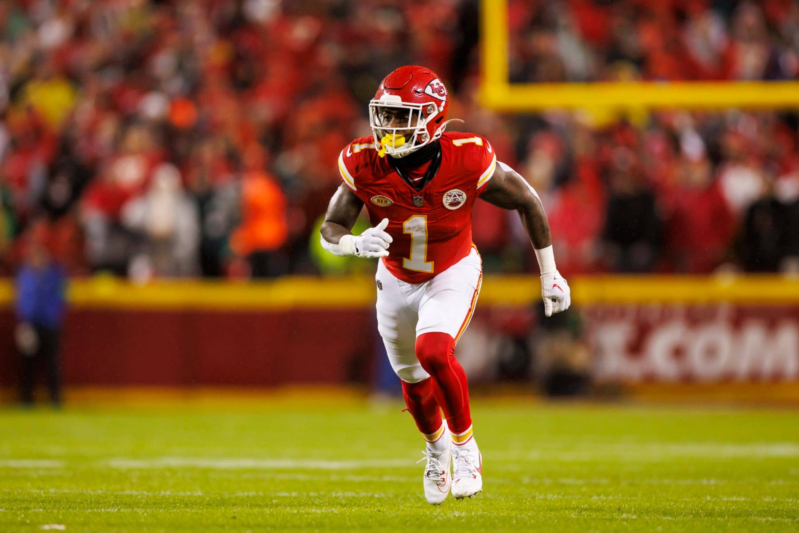 KANSAS CITY, MISSOURI - NOVEMBER 20: Jerick McKinnon #1 of the Kansas City Chiefs runs a route during an NFL football game against the Philadelphia Eagles at GEHA Field at Arrowhead Stadium on November 20, 2023 in Kansas City, Missouri. (Photo by Ryan Kang/Getty Images)