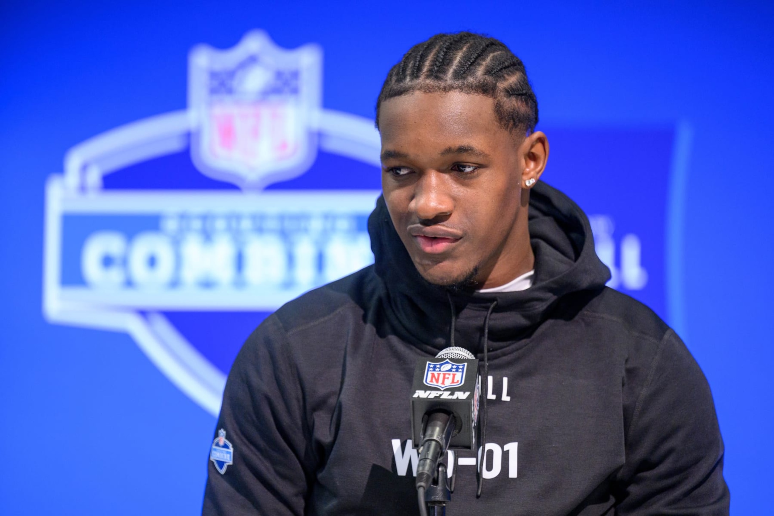 INDIANAPOLIS, IN - MARCH 01: UCF wide receiver Javon Baker answers questions from the media during the NFL Scouting Combine on March 1, 2024, at the Indiana Convention Center in Indianapolis, IN. (Photo by Zach Bolinger/Icon Sportswire via Getty Images)