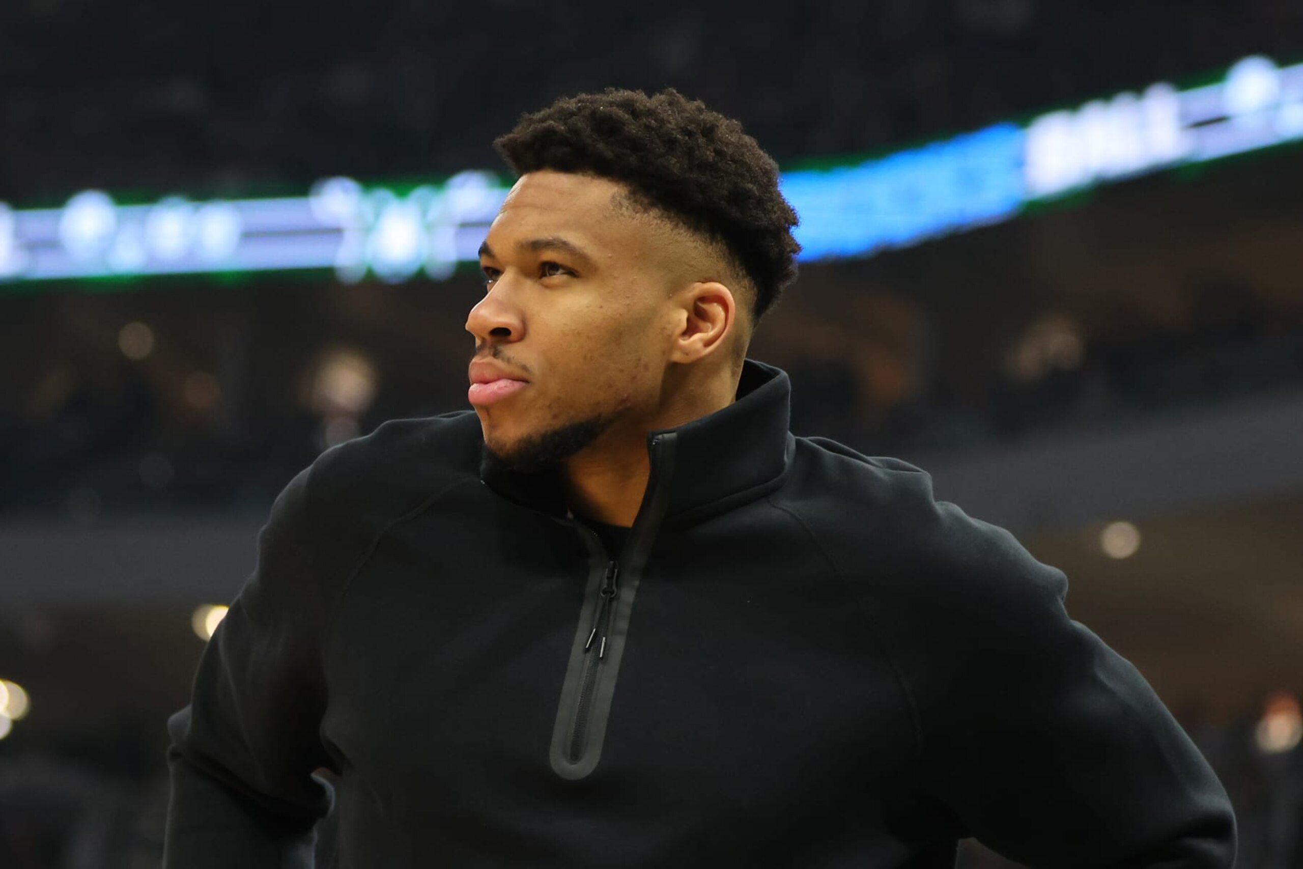 MILWAUKEE, WISCONSIN - APRIL 30:  Giannis Antetokounmpo #34 of the Milwaukee Bucks watches action during the first half of game five of the Eastern Conference First Round Playoffs against the Indiana Pacers at Fiserv Forum on April 30, 2024 in Milwaukee, Wisconsin.  NOTE TO USER: User expressly acknowledges and agrees that, by downloading and or using this photograph, User is consenting to the terms and conditions of the Getty Images License Agreement. (Photo by Stacy Revere/Getty Images)