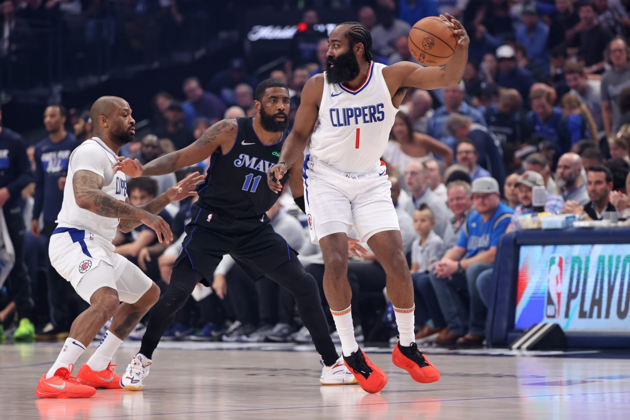 DALLAS, TX - MAY 3: James Harden #1 of the LA Clippers dribbles the ball during the game against the Dallas Mavericks during Round 1 Game 6 of the 2024 NBA Playoffs on May 3, 2024 at the American Airlines Center in Dallas, Texas. NOTE TO USER: User expressly acknowledges and agrees that, by downloading and or using this photograph, User is consenting to the terms and conditions of the Getty Images License Agreement. Mandatory Copyright Notice: Copyright 2024 NBAE (Photo by Joe Murphy/NBAE via Getty Images)