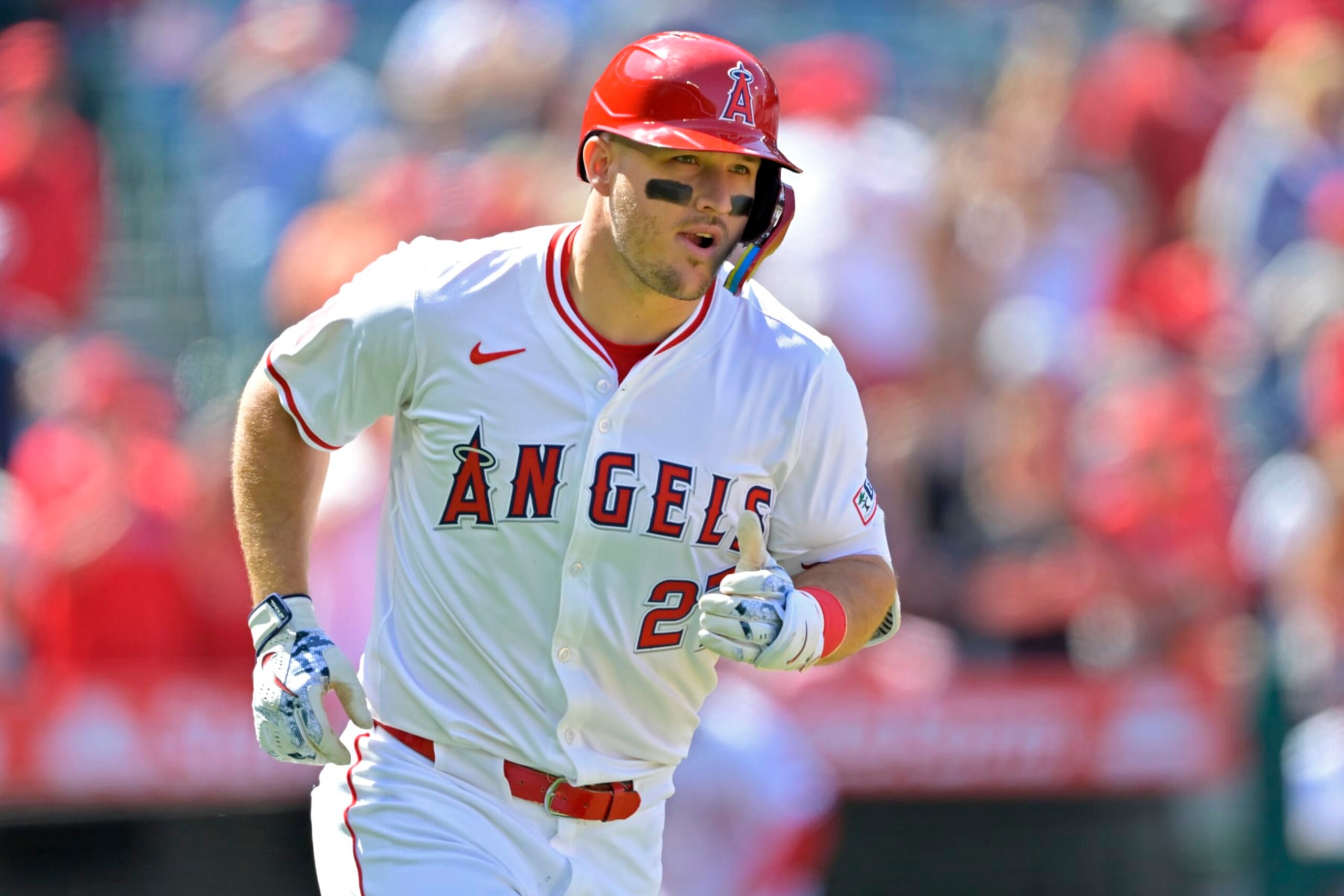 ANAHEIM, CALIFORNIA - APRIL 24: Mike Trout #27 of the Los Angeles Angels watches rounds the bases on a solo home run in the sixth inning against the Baltimore Orioles at Angel Stadium of Anaheim on April 24, 2024 in Anaheim, California. (Photo by Jayne Kamin-Oncea/Getty Images)