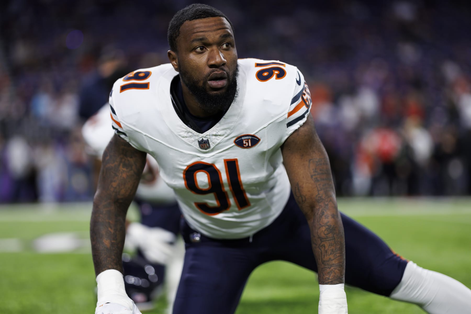 MINNEAPOLIS, MINNESOTA - NOVEMBER 27: Yannick Ngakoue #91 of the Chicago Bears looks on during pregame warmups before an NFL football game against the Minnesota Vikings at U.S. Bank Stadium on November 27, 2023 in Minneapolis, Minnesota. (Photo by Ryan Kang/Getty Images)