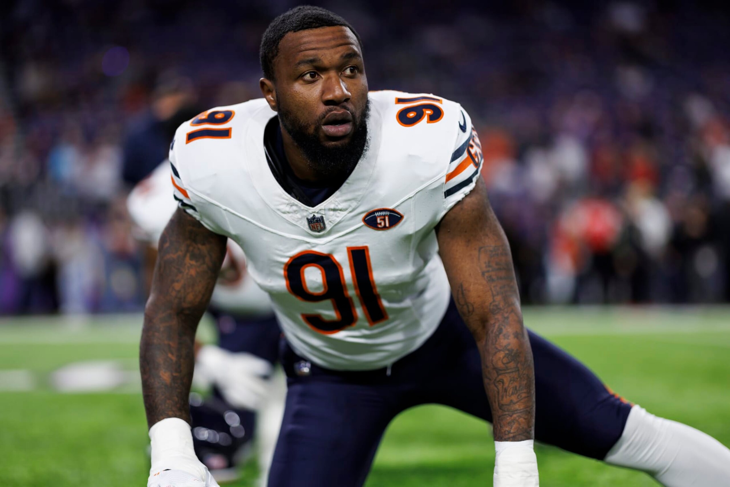 MINNEAPOLIS, MINNESOTA - NOVEMBER 27: Yannick Ngakoue #91 of the Chicago Bears looks on during pregame warmups before an NFL football game against the Minnesota Vikings at U.S. Bank Stadium on November 27, 2023 in Minneapolis, Minnesota. (Photo by Ryan Kang/Getty Images) MINNEAPOLIS, MINNESOTA - NOVEMBER 27: Yannick Ngakoue #91 of the Chicago Bears looks on during pregame warmups before an NFL football game against the Minnesota Vikings at U.S. Bank Stadium on November 27, 2023 in Minneapolis, Minnesota. (Photo by Ryan Kang/Getty Images)