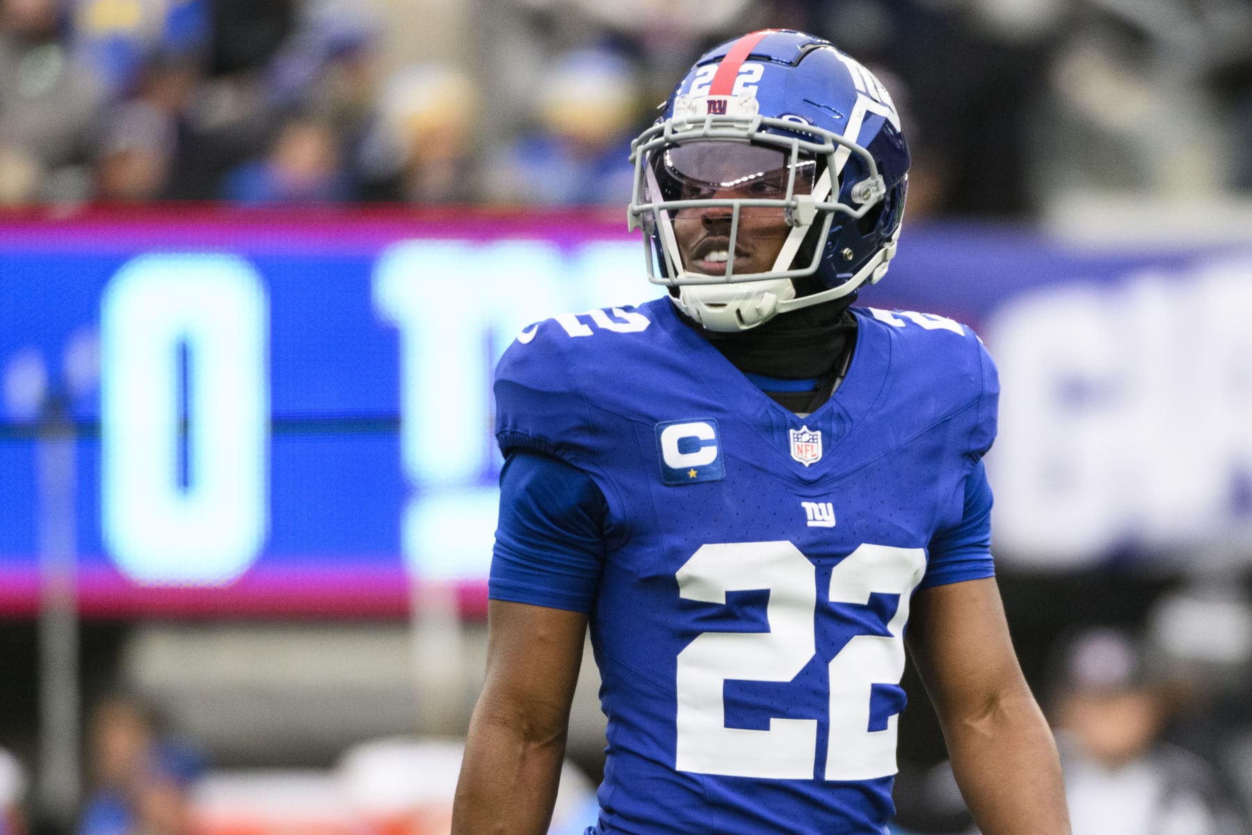 EAST RUTHERFORD, NEW JERSEY - DECEMBER 31:  Adoree' Jackson #22 of the New York Giants looks on during a game against the Los Angeles Rams at MetLife Stadium on December 31, 2023 in East Rutherford, New Jersey. (Photo by Mike Lawrence/Getty Images)