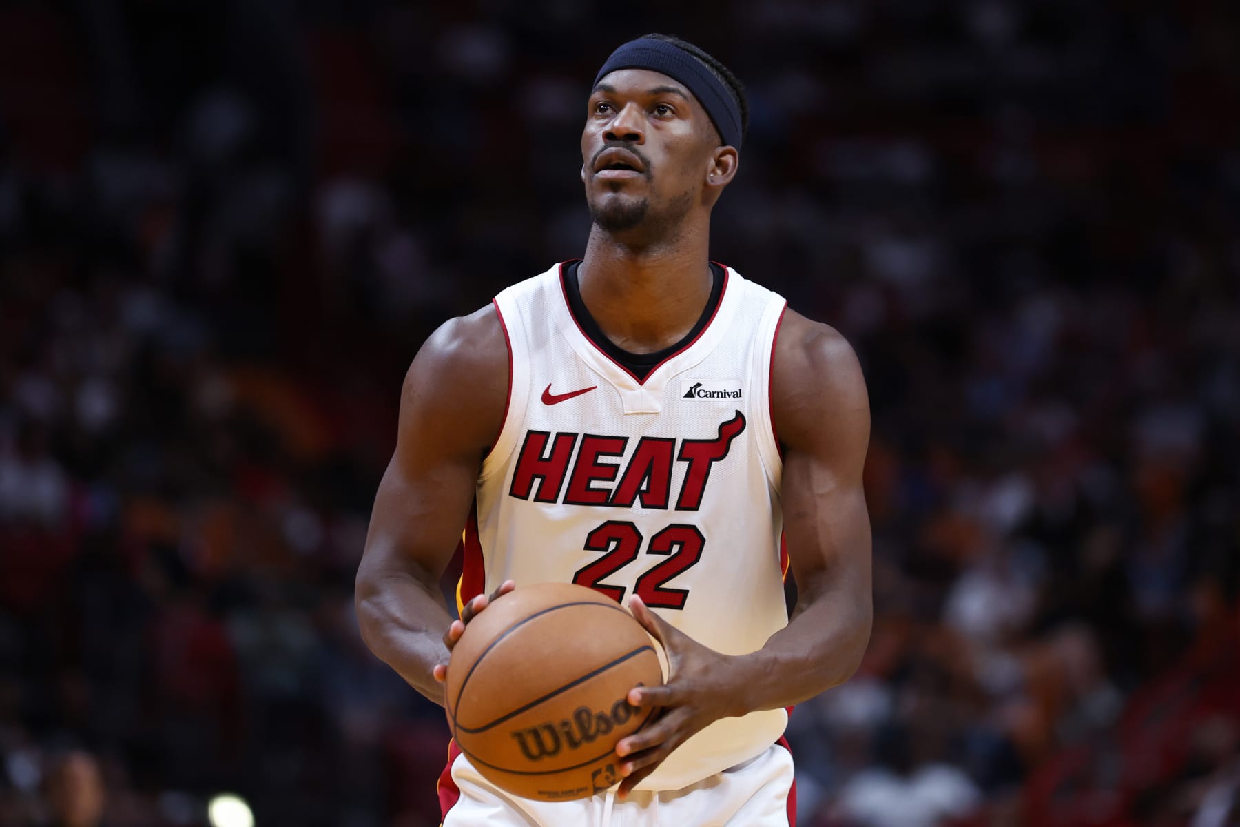 MIAMI, FLORIDA - APRIL 12: Jimmy Butler #22 of the Miami Heat shoots a free throw against the Toronto Raptors during the first quarter of the game at Kaseya Center on April 12, 2024 in Miami, Florida. NOTE TO USER: User expressly acknowledges and agrees that, by downloading and or using this photograph, User is consenting to the terms and conditions of the Getty Images License Agreement. (Photo by Megan Briggs/Getty Images) MIAMI, FLORIDA - APRIL 12: Jimmy Butler #22 of the Miami Heat shoots a free throw against the Toronto Raptors during the first quarter of the game at Kaseya Center on April 12, 2024 in Miami, Florida. NOTE TO USER: User expressly acknowledges and agrees that, by downloading and or using this photograph, User is consenting to the terms and conditions of the Getty Images License Agreement. (Photo by Megan Briggs/Getty Images)