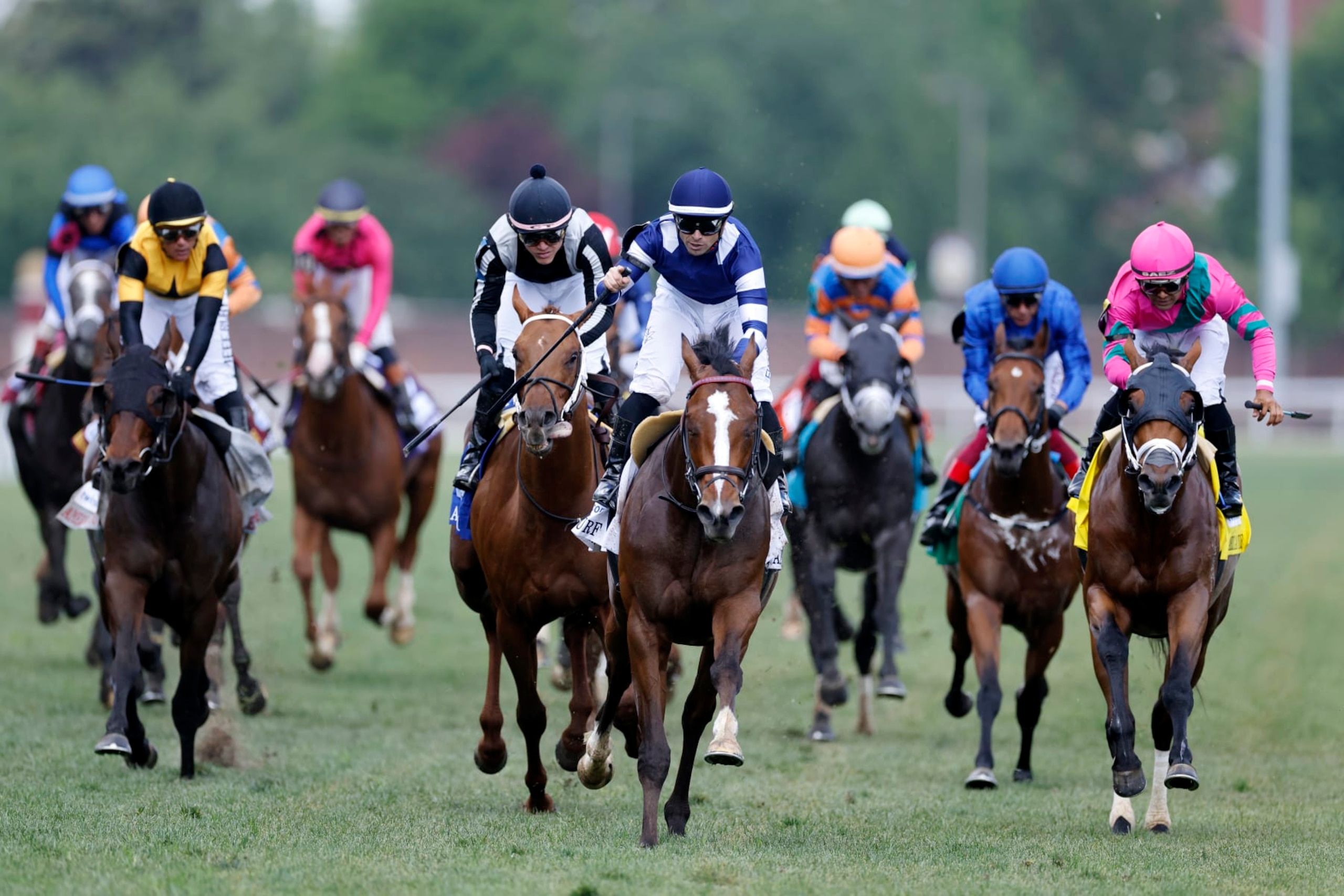 LOUISVILLE, KY - MAY 04: Umberto Rispoli rides Trikari to a win in the American Turf Stakes undercard race ahead of the 150th Kentucky Derby on May 04, 2024 at Churchill Downs in Louisville, Kentucky. (Photo by Joe Robbins/Icon Sportswire via Getty Images)
