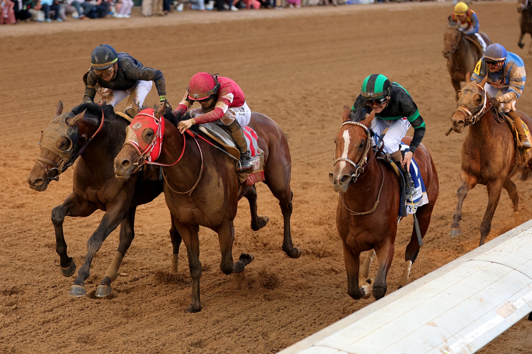 LOUISVILLE, KENTUCKY - MAY 04: Mystik Dan #3, ridden by jockey Brian J. Hernandez Jr. crosses the finish line ahead of Sierra Leone #2, ridden by jockey Tyler Gaffalione and Forever Young, ridden by jockey Ryusei Sakai to win the 150th running of the Kentucky Derby at Churchill Downs on May 04, 2024 in Louisville, Kentucky. (Photo by Michael Reaves/Getty Images)