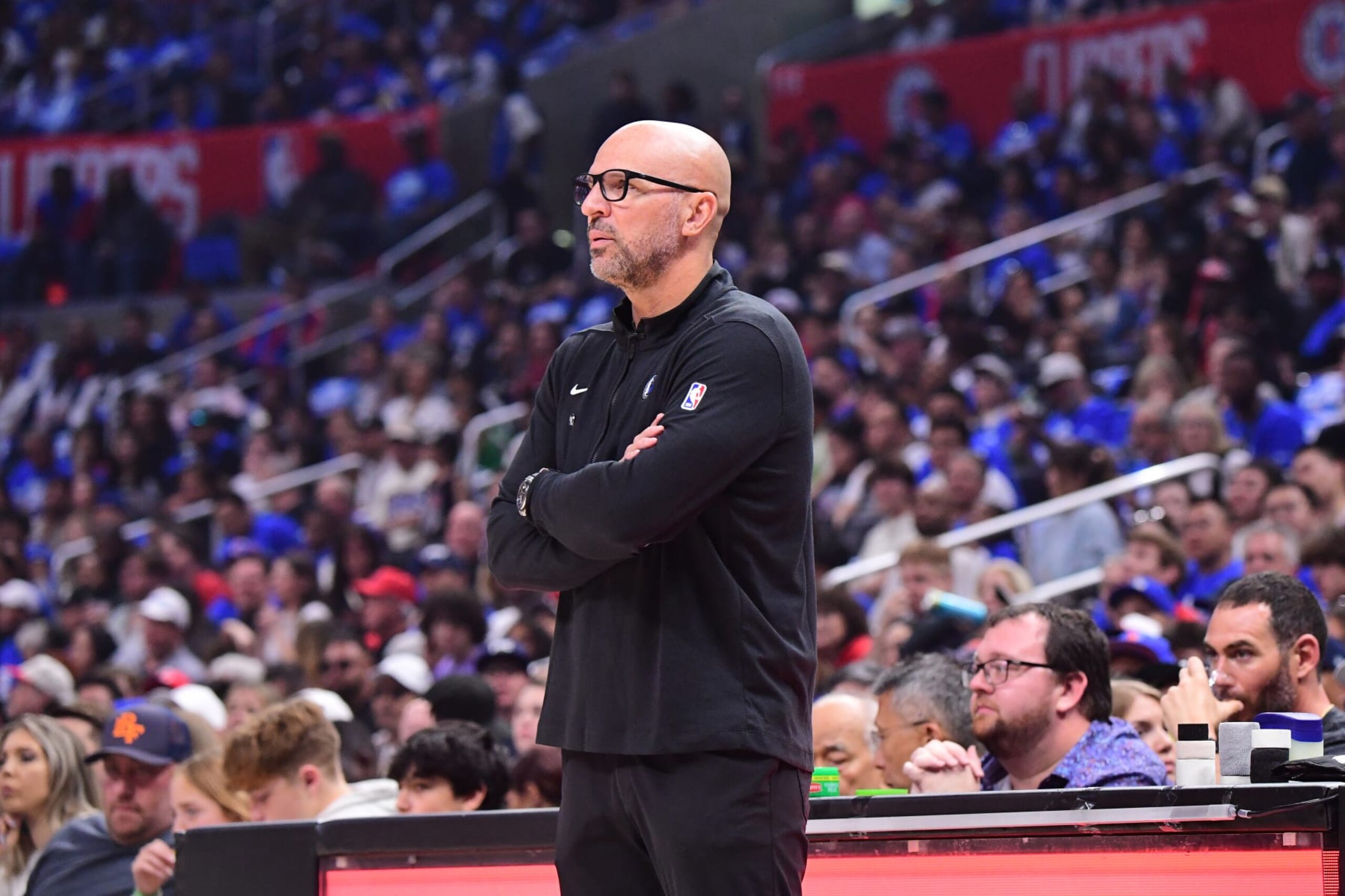 LOS ANGELES, CA - APRIL 21:  Head Coach Jason Kidd of the Dallas Mavericks looks on during the game again the LA Clippers during Round 1 Game 1 of the 2024 NBA Playoffs on April 21, 2024 at Crypto.Com Arena in Los Angeles, California. NOTE TO USER: User expressly acknowledges and agrees that, by downloading and/or using this Photograph, user is consenting to the terms and conditions of the Getty Images License Agreement. Mandatory Copyright Notice: Copyright 2024 NBAE (Photo by Adam Pantozzi/NBAE via Getty Images)