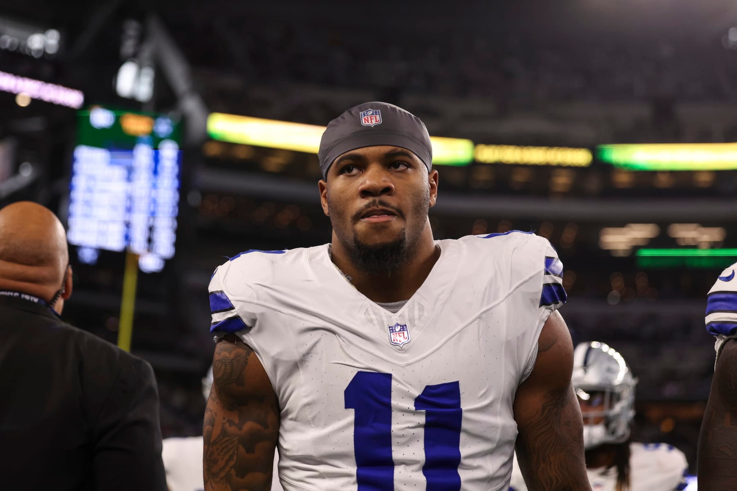 ARLINGTON, TX - JANUARY 14: Micah Parsons #11 of the Dallas Cowboys warms up prior to an NFL wild-card playoff football game against the Green Bay Packers at AT&T Stadium on January 14, 2024 in Arlington, Texas. (Photo by Perry Knotts/Getty Images) ARLINGTON, TX - JANUARY 14: Micah Parsons #11 of the Dallas Cowboys warms up prior to an NFL wild-card playoff football game against the Green Bay Packers at AT&T Stadium on January 14, 2024 in Arlington, Texas. (Photo by Perry Knotts/Getty Images)