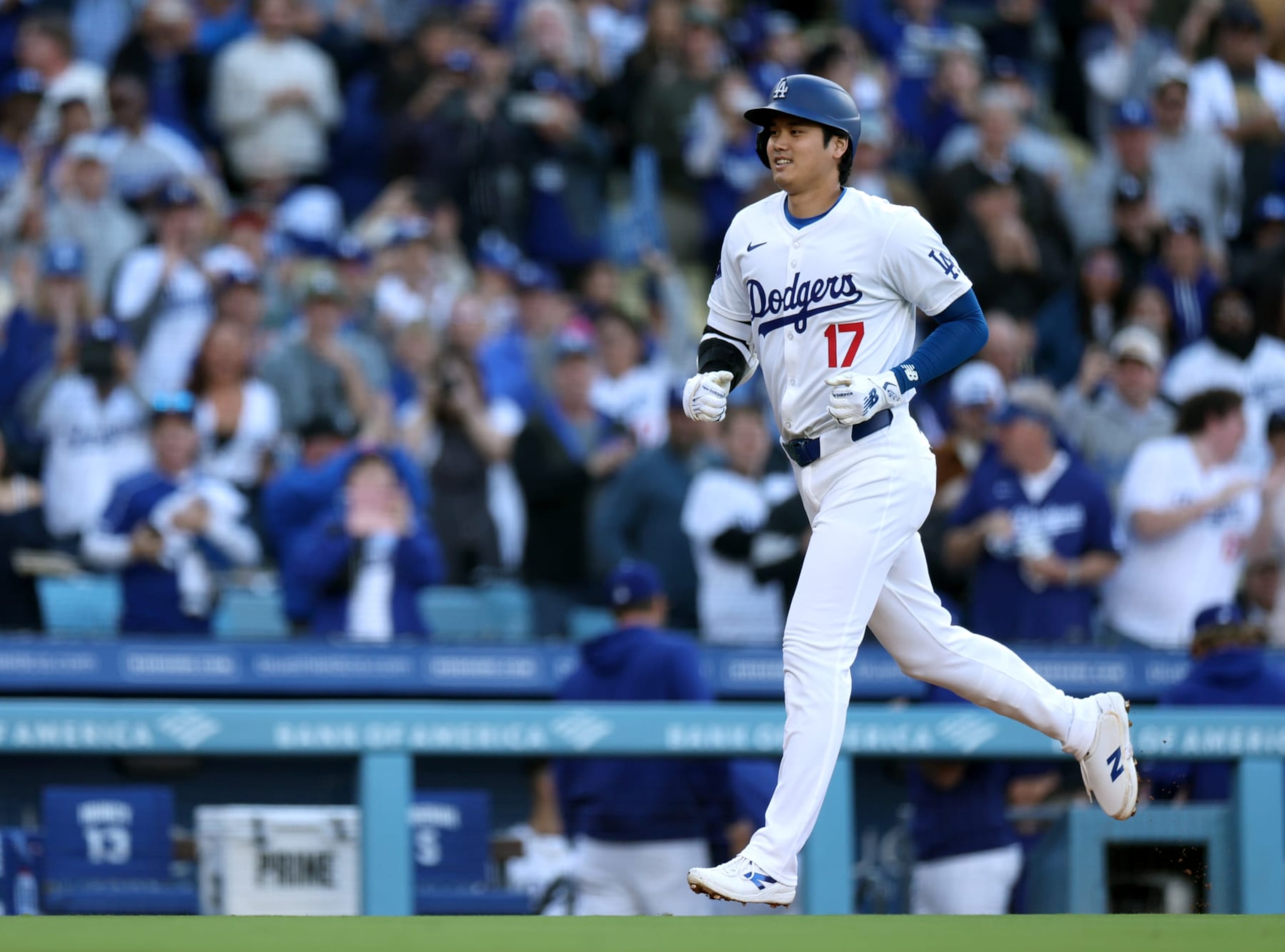 LOS ANGELES, CALIFORNIA - MAY 04: Shohei Ohtani #17 of the Los Angeles Dodgers reacts to his solo home run, to take a 3-0 lead over the Atlanta Braves, during the third inning at Dodger Stadium on May 04, 2024 in Los Angeles, California. (Photo by Harry How/Getty Images) LOS ANGELES, CALIFORNIA - MAY 04: Shohei Ohtani #17 of the Los Angeles Dodgers reacts to his solo home run, to take a 3-0 lead over the Atlanta Braves, during the third inning at Dodger Stadium on May 04, 2024 in Los Angeles, California. (Photo by Harry How/Getty Images)