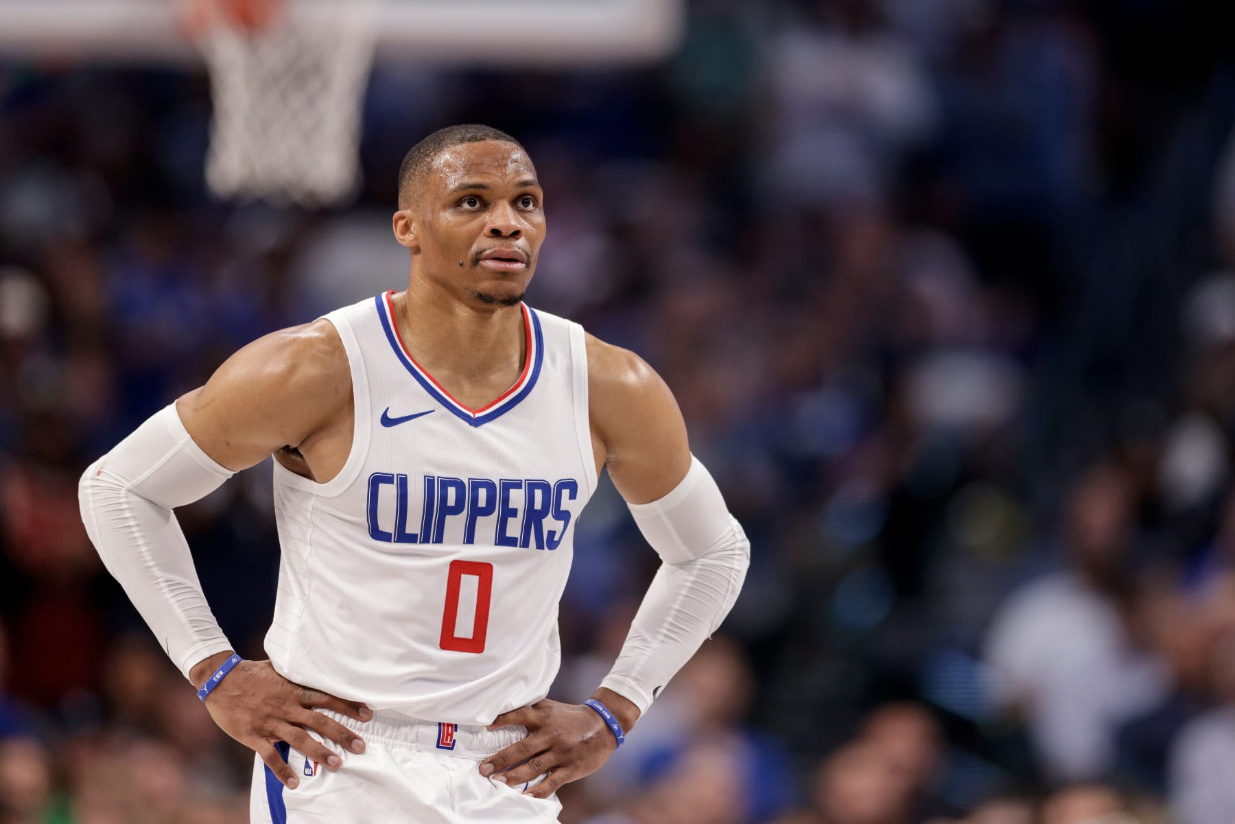 DALLAS, TEXAS - APRIL 28: Russell Westbrook #0 of the Los Angeles Clippers reacts in the second half of game four of the Western Conference First Round Playoffs against the Dallas Mavericks at American Airlines Center on April 28, 2024 in Dallas, Texas. NOTE TO USER: User expressly acknowledges and agrees that, by downloading and or using this photograph, User is consenting to the terms and conditions of the Getty Images License Agreement. (Photo by Tim Warner/Getty Images) DALLAS, TEXAS - APRIL 28: Russell Westbrook #0 of the Los Angeles Clippers reacts in the second half of game four of the Western Conference First Round Playoffs against the Dallas Mavericks at American Airlines Center on April 28, 2024 in Dallas, Texas. NOTE TO USER: User expressly acknowledges and agrees that, by downloading and or using this photograph, User is consenting to the terms and conditions of the Getty Images License Agreement. (Photo by Tim Warner/Getty Images)