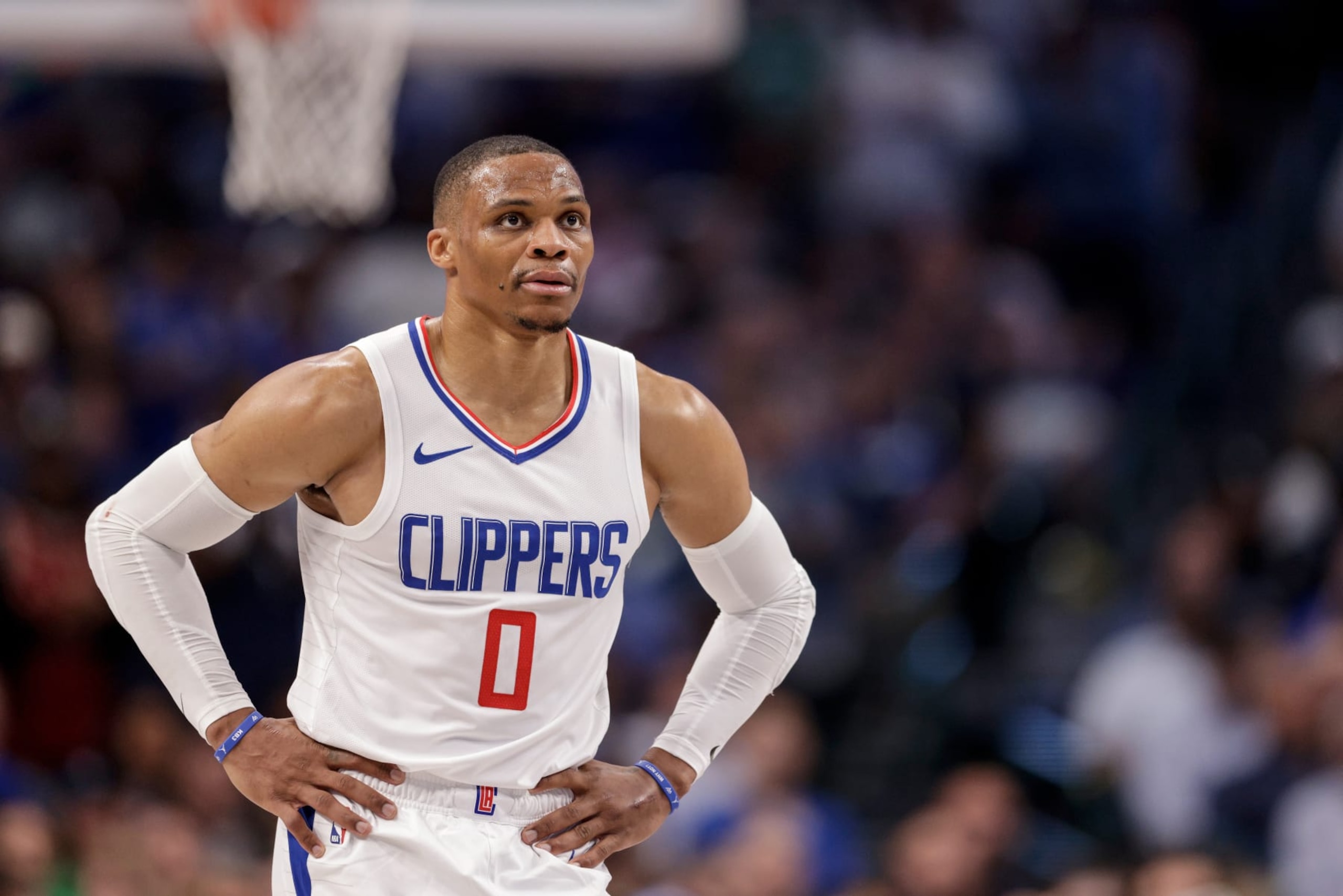 DALLAS, TEXAS - APRIL 28: Russell Westbrook #0 of the Los Angeles Clippers reacts in the second half of game four of the Western Conference First Round Playoffs against the Dallas Mavericks at American Airlines Center on April 28, 2024 in Dallas, Texas.  NOTE TO USER: User expressly acknowledges and agrees that, by downloading and or using this photograph, User is consenting to the terms and conditions of the Getty Images License Agreement. (Photo by Tim Warner/Getty Images)