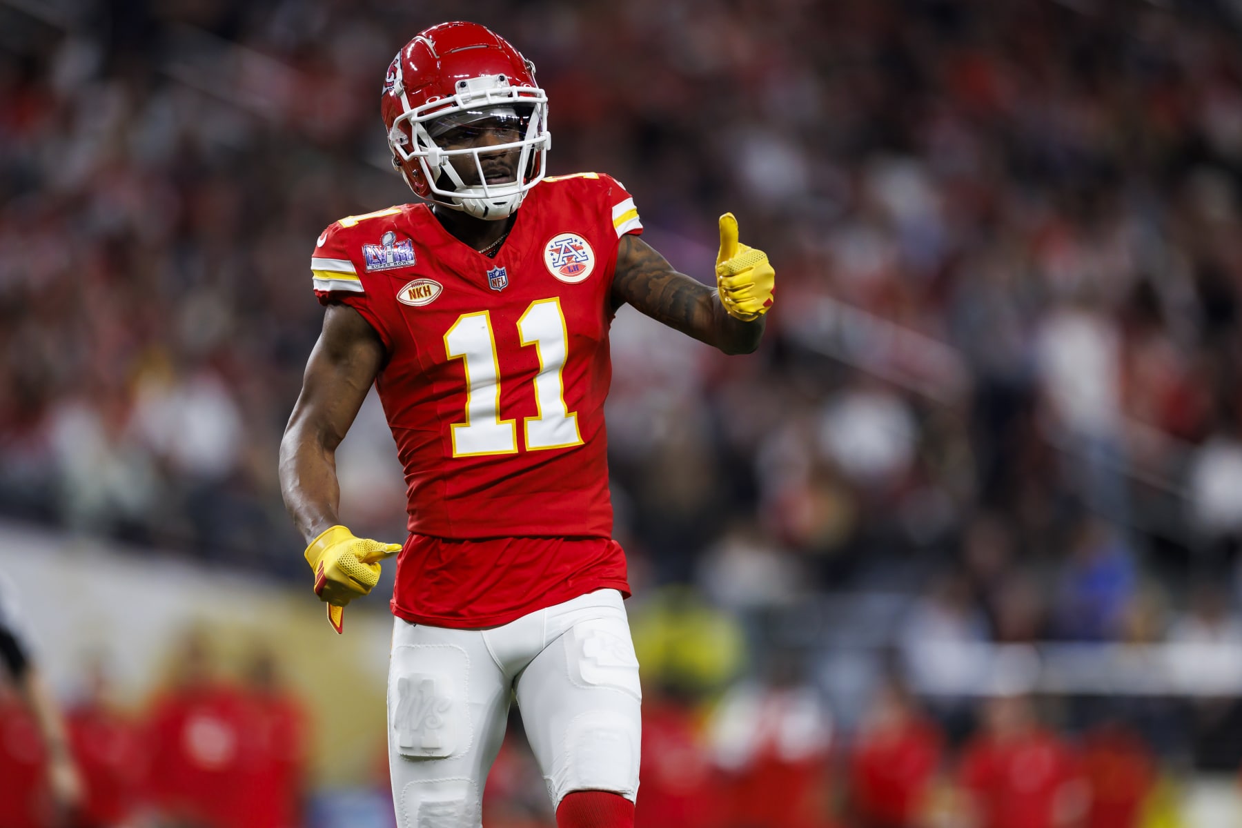 LAS VEGAS, NEVADA - FEBRUARY 11: Marquez Valdes-Scantling #11 of the Kansas City Chiefs lines up to run a route during Super Bowl LVIII against the San Francisco 49ers at Allegiant Stadium on February 11, 2024 in Las Vegas, Nevada. (Photo by Ryan Kang/Getty Images)