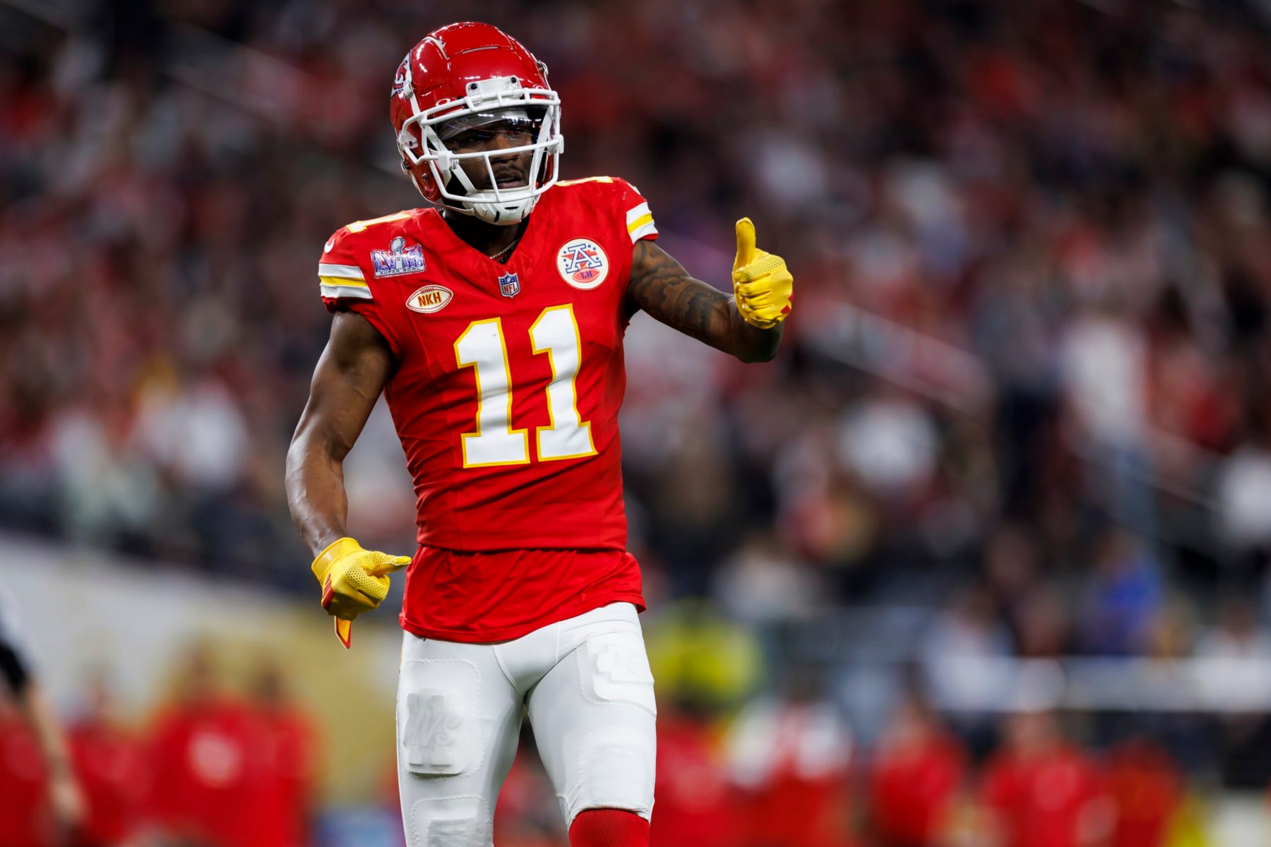 LAS VEGAS, NEVADA - FEBRUARY 11: Marquez Valdes-Scantling #11 of the Kansas City Chiefs lines up to run a route during Super Bowl LVIII against the San Francisco 49ers at Allegiant Stadium on February 11, 2024 in Las Vegas, Nevada. (Photo by Ryan Kang/Getty Images)