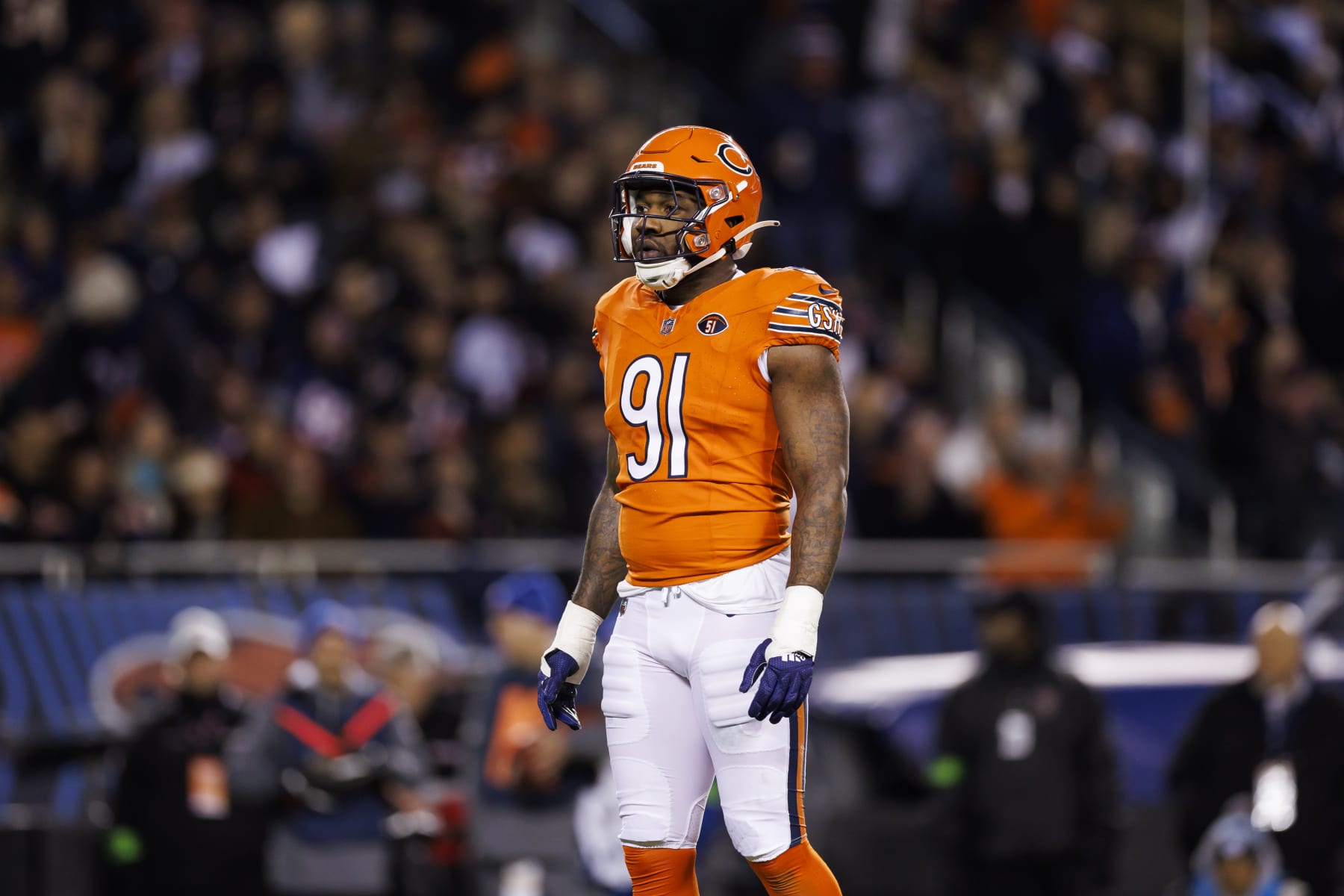 CHICAGO, ILLINOIS - NOVEMBER 09: Yannick Ngakoue #91 of the Chicago Bears looks on during an NFL football game against the Carolina Panthers at Soldier Field on November 9, 2023 in Chicago, Illinois. (Photo by Ryan Kang/Getty Images)