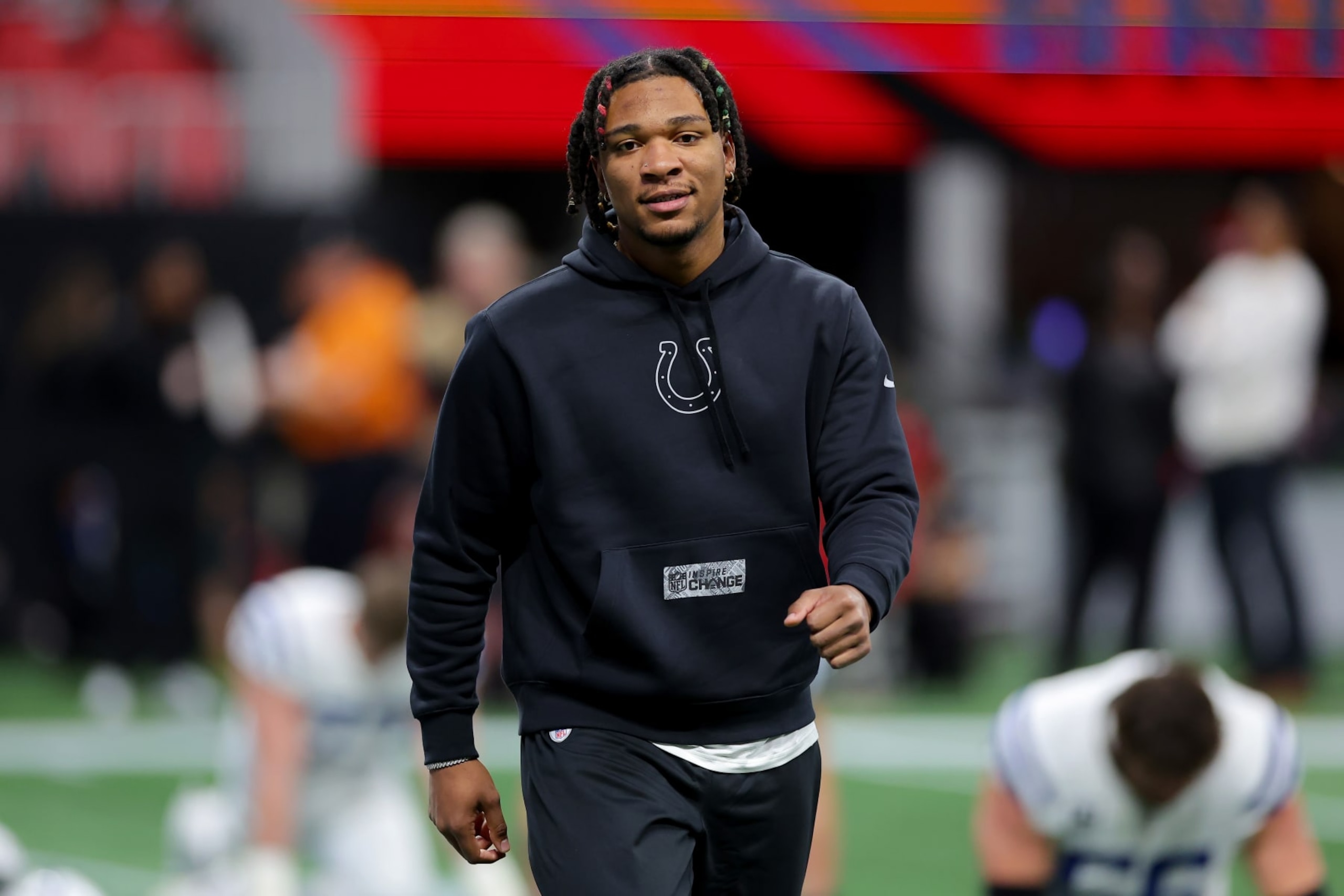 ATLANTA, GEORGIA - DECEMBER 24: Anthony Richardson #5 of the Indianapolis Colts looks on prior to the game against the Atlanta Falcons at Mercedes-Benz Stadium on December 24, 2023 in Atlanta, Georgia. (Photo by Kevin C. Cox/Getty Images)