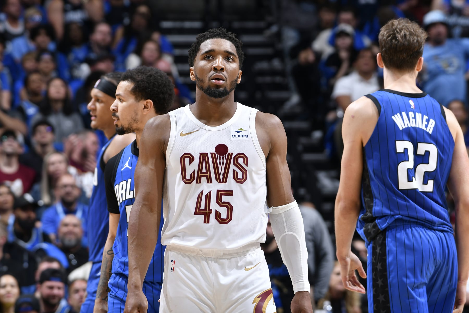 ORLANDO, FL - MAY 3: Donovan Mitchell #45 of the Cleveland Cavaliers looks on during the game against the Orlando Magic during Round 1 Game 6 of the 2024 NBA Playoffs on May 3, 2024 at Amway Center in Orlando, Florida. NOTE TO USER: User expressly acknowledges and agrees that, by downloading and or using this photograph, User is consenting to the terms and conditions of the Getty Images License Agreement. Mandatory Copyright Notice: Copyright 2024 NBAE (Photo by Fernando Medina/NBAE via Getty Images)