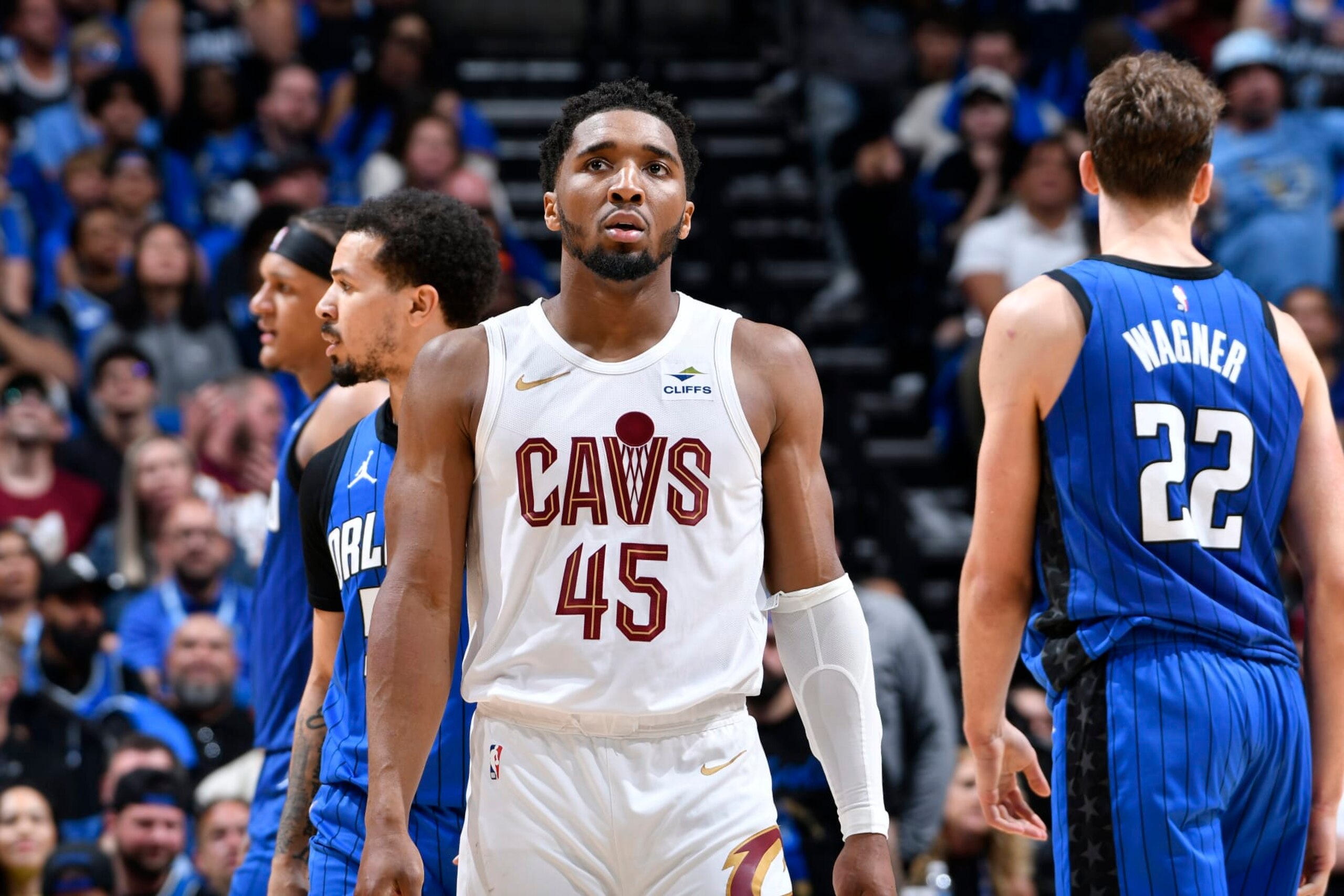 ORLANDO, FL - MAY 3: Donovan Mitchell #45 of the Cleveland Cavaliers looks on during the game against the Orlando Magic during Round 1 Game 6 of the 2024 NBA Playoffs on May 3, 2024 at Amway Center in Orlando, Florida. NOTE TO USER: User expressly acknowledges and agrees that, by downloading and or using this photograph, User is consenting to the terms and conditions of the Getty Images License Agreement. Mandatory Copyright Notice: Copyright 2024 NBAE (Photo by Fernando Medina/NBAE via Getty Images)