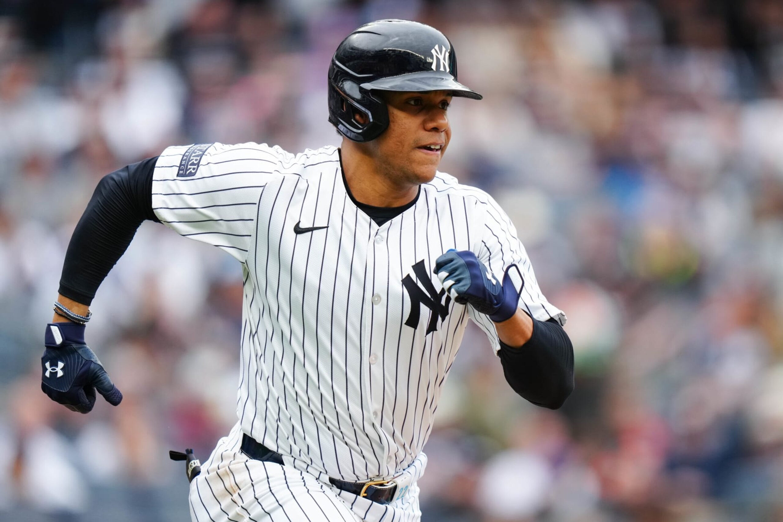 NEW YORK, NY - MAY 04:   Juan Soto #22 of the New York Yankees singles in the third inning during the game between the Detroit Tigers and the New York Yankees at Yankee Stadium on Saturday, May 4, 2024 in New York, New York. (Photo by Daniel Shirey/MLB Photos via Getty Images)