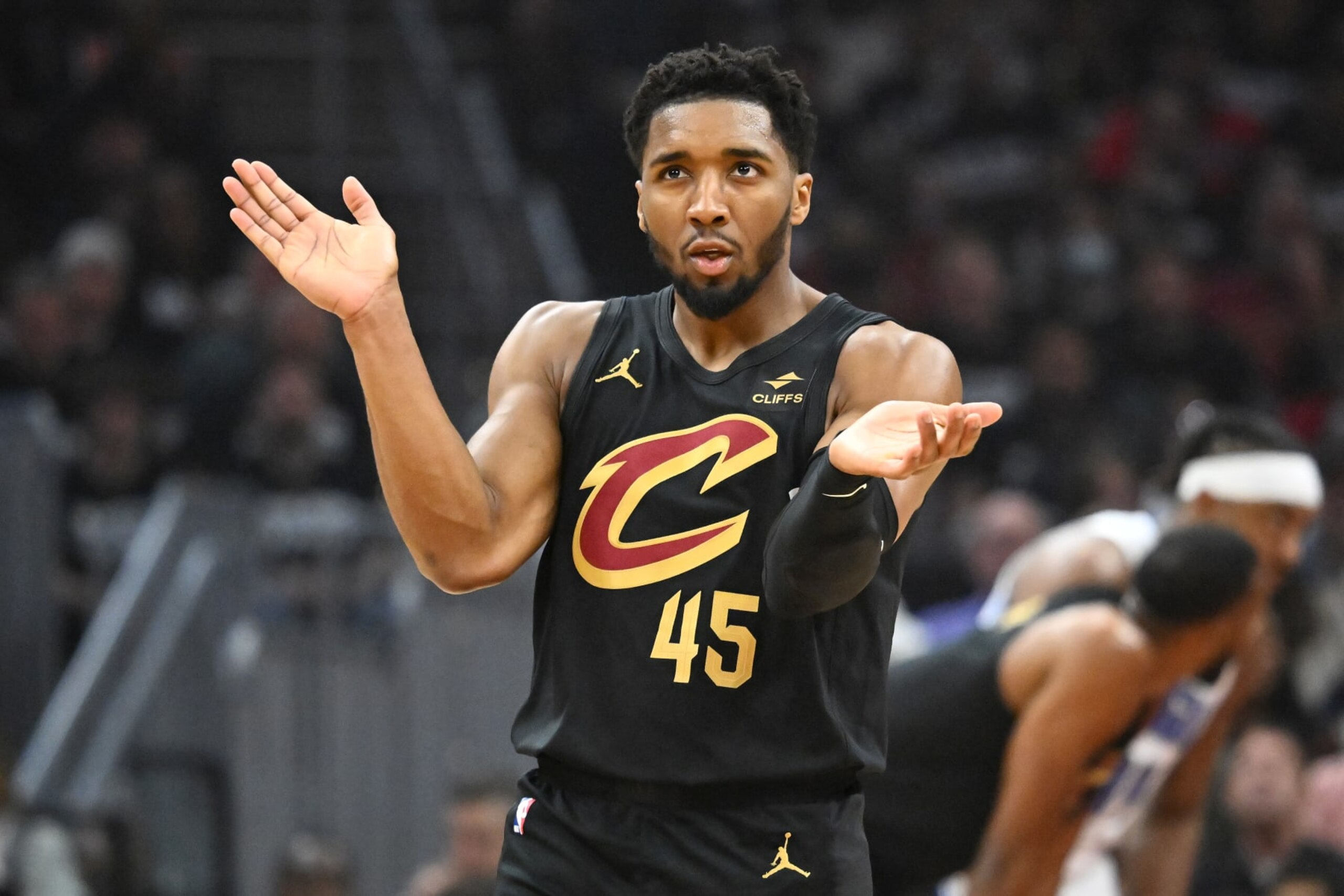 CLEVELAND, OHIO - MAY 05: Donovan Mitchell #45 of the Cleveland Cavaliers reacts after drawing a foul in the first quarter against the Orlando Magic during the first quarter in Game Seven of the Eastern Conference First Round Playoffs at Rocket Mortgage Fieldhouse on May 05, 2024 in Cleveland, Ohio. NOTE TO USER: User expressly acknowledges and agrees that, by downloading and/or using this Photograph, user is consenting to the terms and conditions of the Getty Images License Agreement. (Photo by Jason Miller/Getty Images) CLEVELAND, OHIO - MAY 05: Donovan Mitchell #45 of the Cleveland Cavaliers reacts after drawing a foul in the first quarter against the Orlando Magic during the first quarter in Game Seven of the Eastern Conference First Round Playoffs at Rocket Mortgage Fieldhouse on May 05, 2024 in Cleveland, Ohio. NOTE TO USER: User expressly acknowledges and agrees that, by downloading and/or using this Photograph, user is consenting to the terms and conditions of the Getty Images License Agreement. (Photo by Jason Miller/Getty Images)