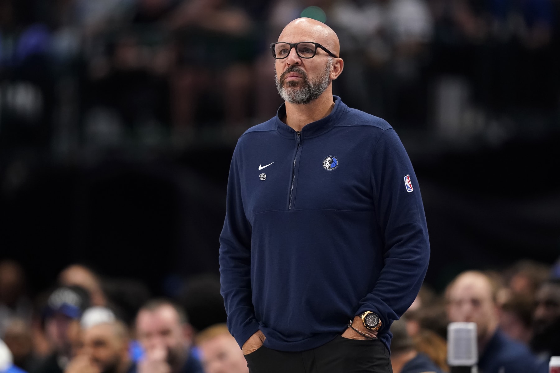 DALLAS, TEXAS - APRIL 05: Head coach Jason Kidd of the Dallas Mavericks looks on during the second half against the Golden State Warriors at American Airlines Center on April 05, 2024 in Dallas, Texas. NOTE TO USER: User expressly acknowledges and agrees that, by downloading and or using this photograph, User is consenting to the terms and conditions of the Getty Images License Agreement. (Photo by Sam Hodde/Getty Images)
