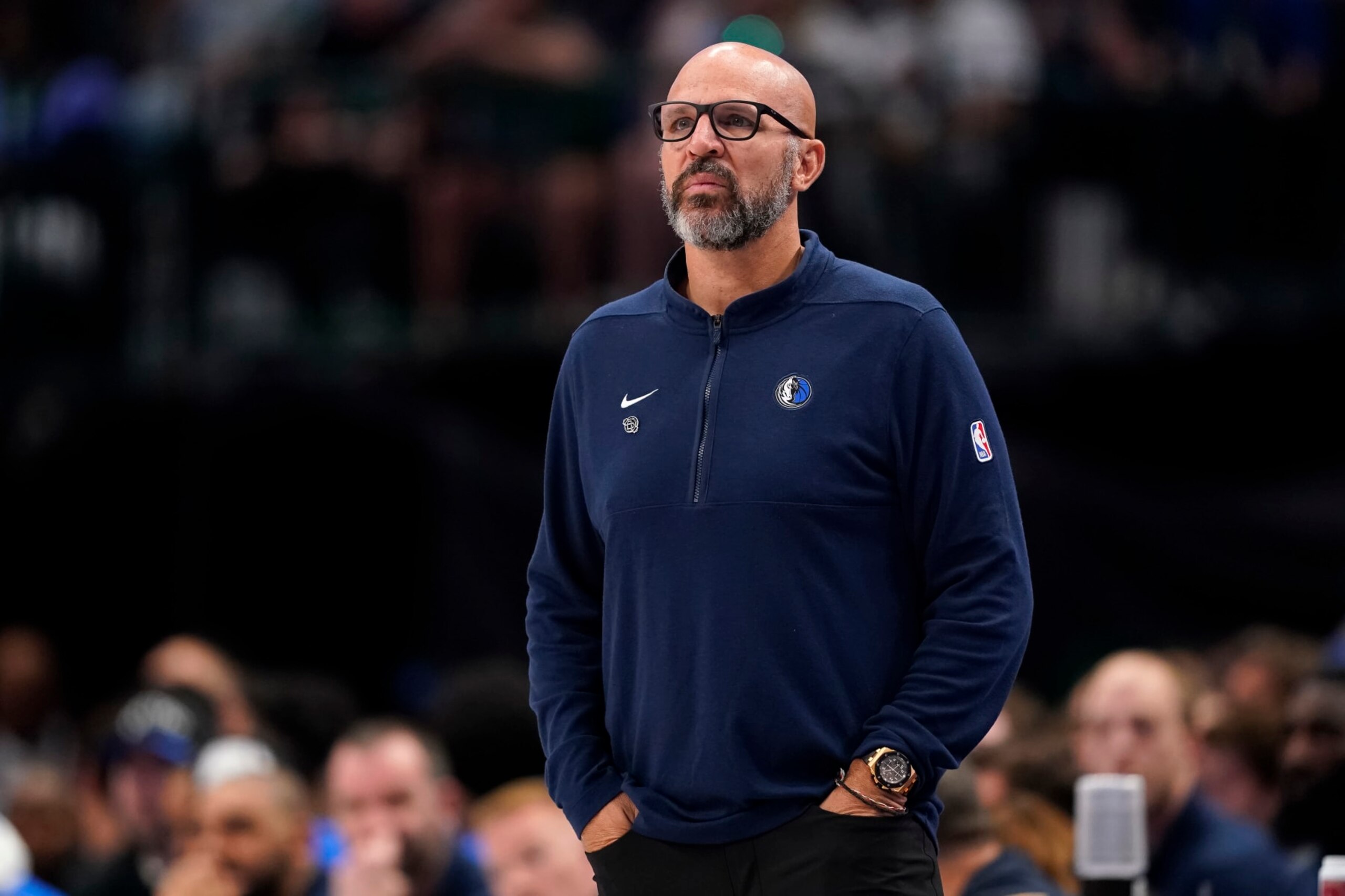 DALLAS, TEXAS - APRIL 05: Head coach Jason Kidd of the Dallas Mavericks looks on during the second half against the Golden State Warriors at American Airlines Center on April 05, 2024 in Dallas, Texas. NOTE TO USER: User expressly acknowledges and agrees that, by downloading and or using this photograph, User is consenting to the terms and conditions of the Getty Images License Agreement. (Photo by Sam Hodde/Getty Images)