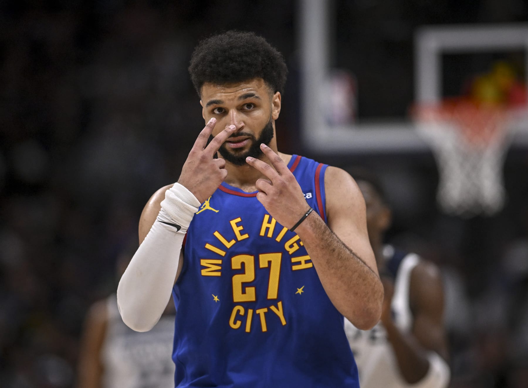 DENVER, CO - MAY 4: Jamal Murray (27) of the Denver Nuggets speaks to the officiating crew during the second quarter against the Minnesota Timberwolves at Ball Arena in Denver on Saturday, May 4, 2024. (Photo by AAron Ontiveroz/The Denver Post)