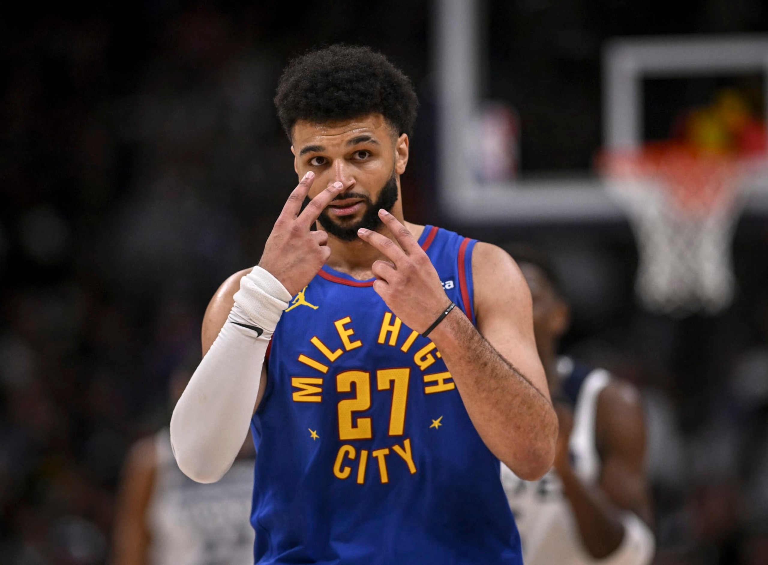 DENVER, CO - MAY 4: Jamal Murray (27) of the Denver Nuggets speaks to the officiating crew during the second quarter against the Minnesota Timberwolves at Ball Arena in Denver on Saturday, May 4, 2024. (Photo by AAron Ontiveroz/The Denver Post) DENVER, CO - MAY 4: Jamal Murray (27) of the Denver Nuggets speaks to the officiating crew during the second quarter against the Minnesota Timberwolves at Ball Arena in Denver on Saturday, May 4, 2024. (Photo by AAron Ontiveroz/The Denver Post)