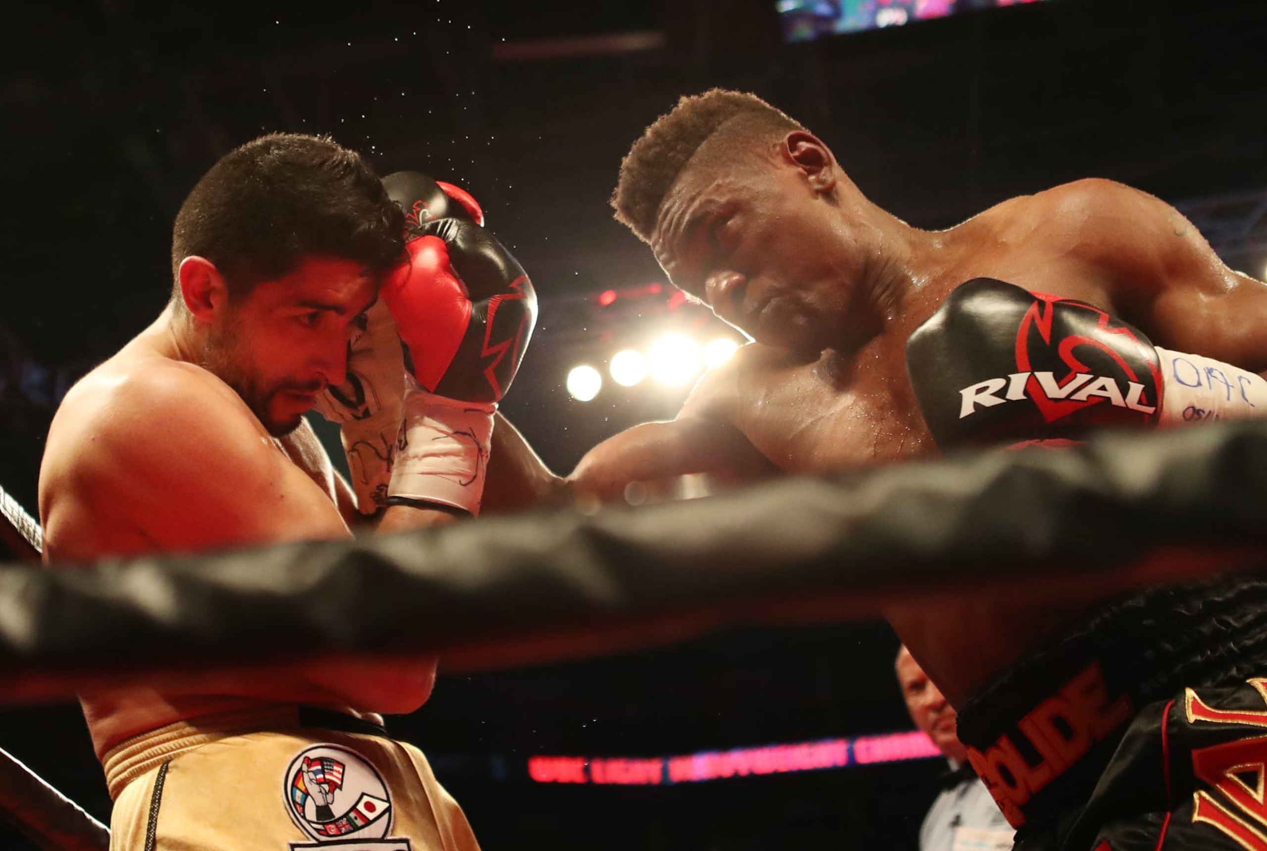 TORONTO, ON- MAY 19  -  Montreal's Christian "Solide" Mbilli, black trunks, beats Marco Jesus Cornejo to win the WBC Youth Championship as part of the undercard for  Adonis Stevenson versus Badou Jack main event  at the  Air Canada Centre in Toronto. May 19, 2018.        (Steve Russell/Toronto Star via Getty Images)