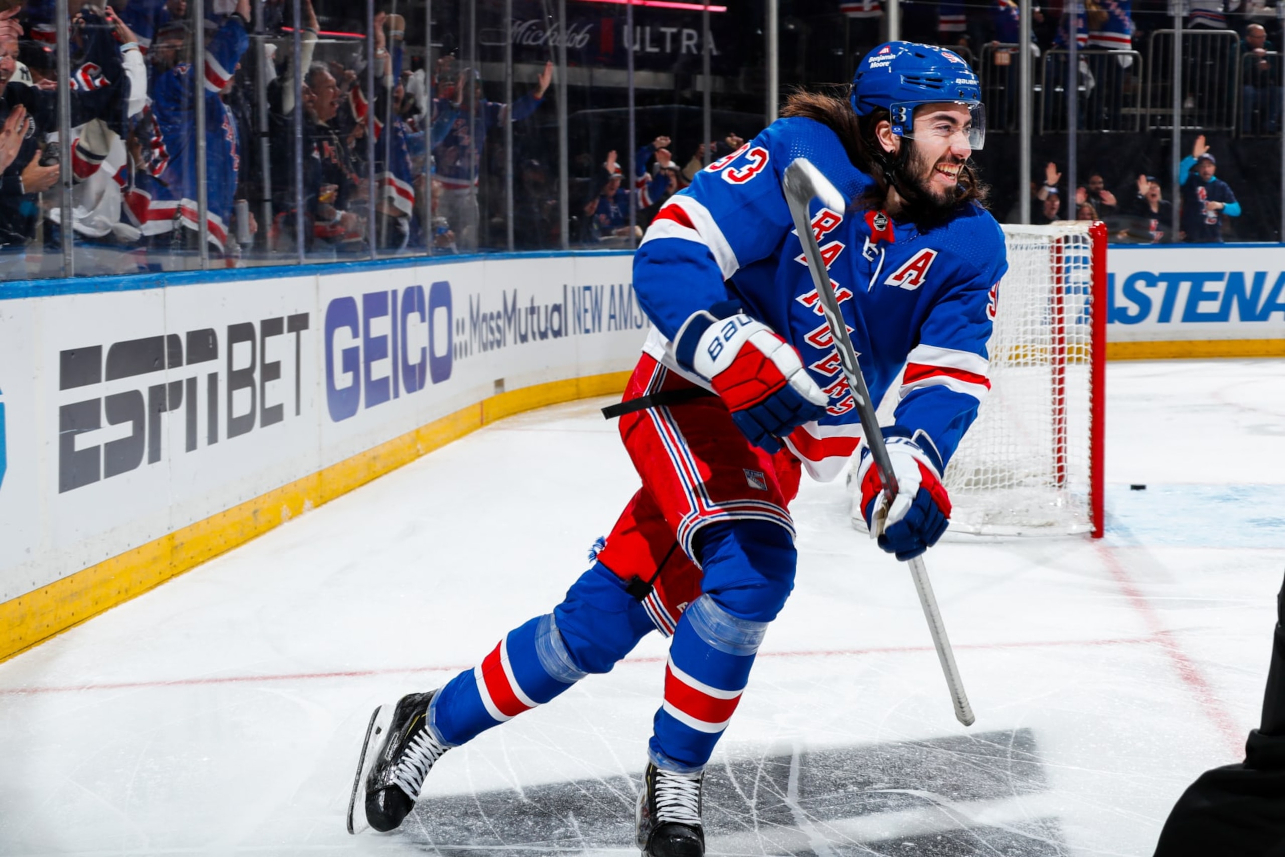 NEW YORK, NEW YORK - MAY 05: Mika Zibanejad #93 of the New York Rangers scores a first period goal against the Carolina Hurricanes in Game One of the Second Round of the 2024 Stanley Cup Playoffs at Madison Square Garden on May 5, 2024 in New York City. (Photo by Jared Silber/NHLI via Getty Images) NEW YORK, NEW YORK - MAY 05: Mika Zibanejad #93 of the New York Rangers scores a first period goal against the Carolina Hurricanes in Game One of the Second Round of the 2024 Stanley Cup Playoffs at Madison Square Garden on May 5, 2024 in New York City. (Photo by Jared Silber/NHLI via Getty Images)